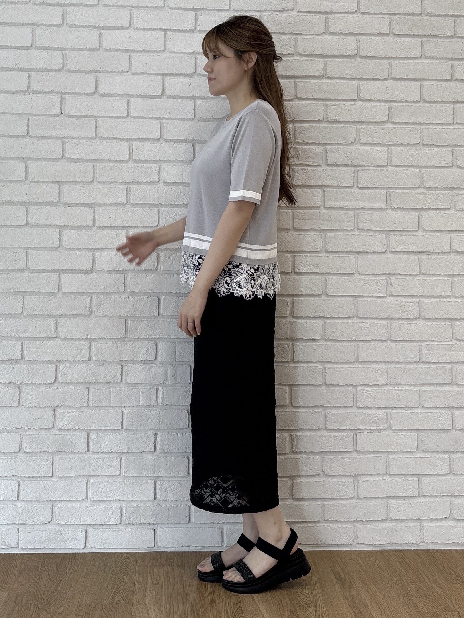 sayaさんの「grove｜【シリーズ累計36万枚／UVカット・洗濯機OK】やわらかドライタッチレースドッキングニット」を使ったコーディネート
