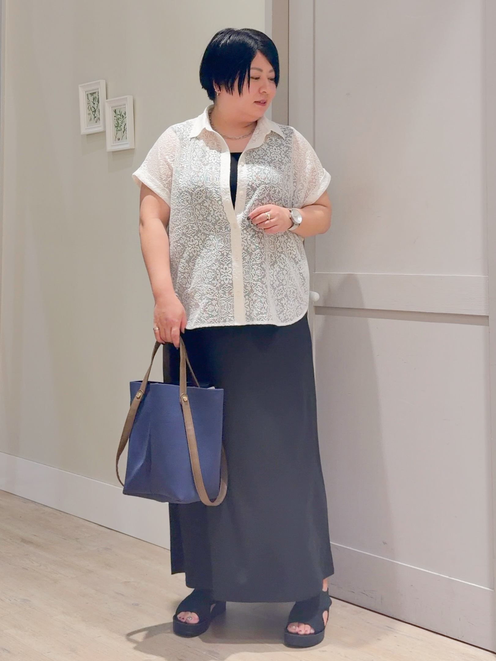 sasaさんの「grove｜【洗える・体型カバー】レースドルマンシャツ」を使ったコーディネート