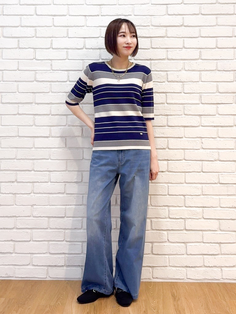 𝐜𝐡𝐢𝐤𝐚さんの「SHOO･LA･RUE｜【S-LL】オンオフ着られる マルチボーダーリブニット」を使ったコーディネート