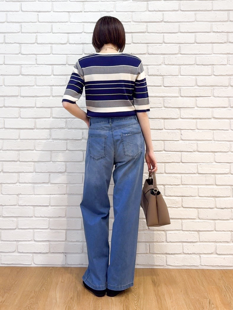 𝐜𝐡𝐢𝐤𝐚さんの「SHOO･LA･RUE｜【S-LL】オンオフ着られる マルチボーダーリブニット」を使ったコーディネート
