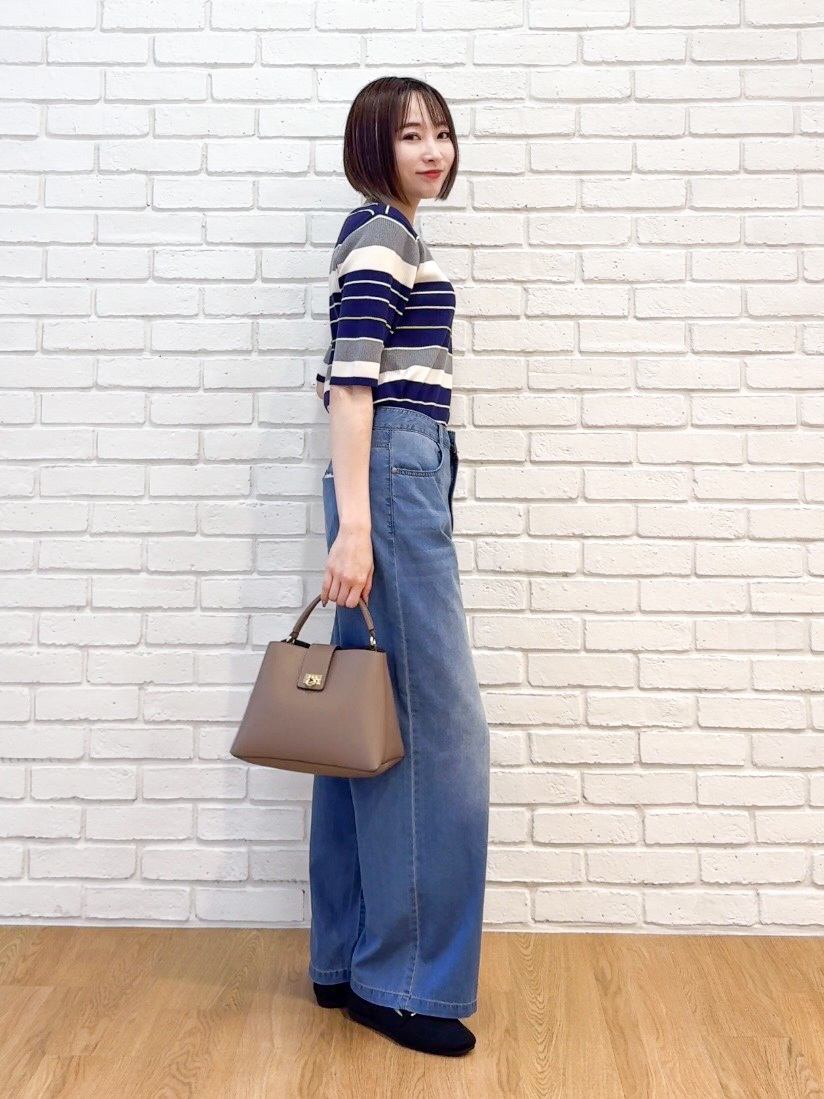 𝐜𝐡𝐢𝐤𝐚さんの「SHOO･LA･RUE｜【S-LL】オンオフ着られる マルチボーダーリブニット」を使ったコーディネート