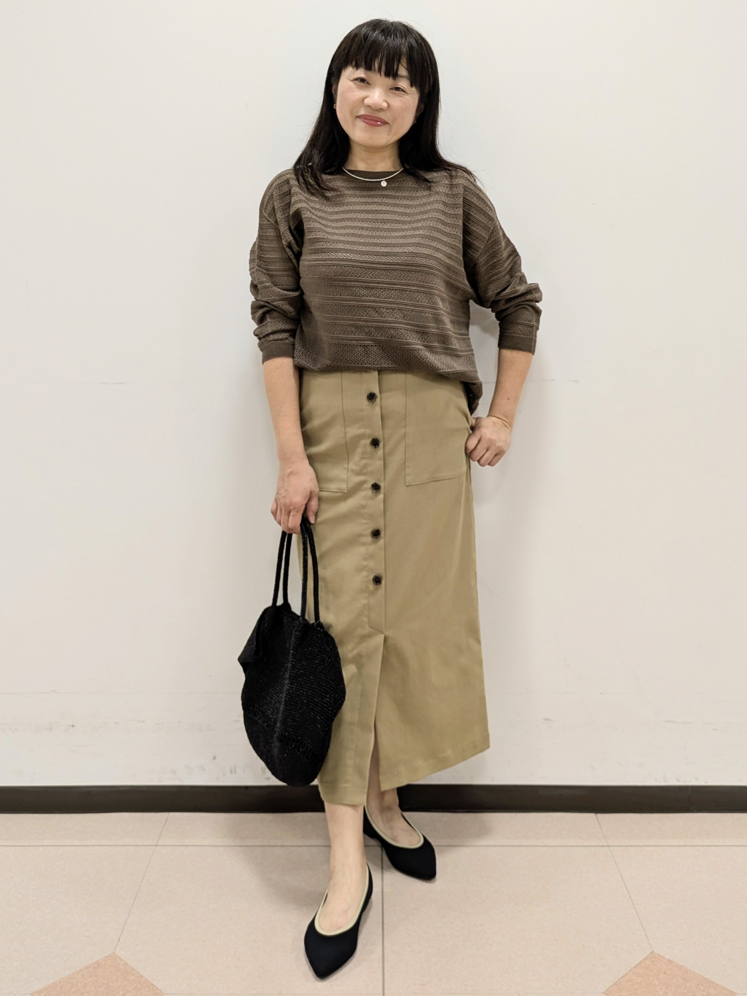 ともさんの「UNTITLED｜◆メッシュ柄ボーダーニット」を使ったコーディネート