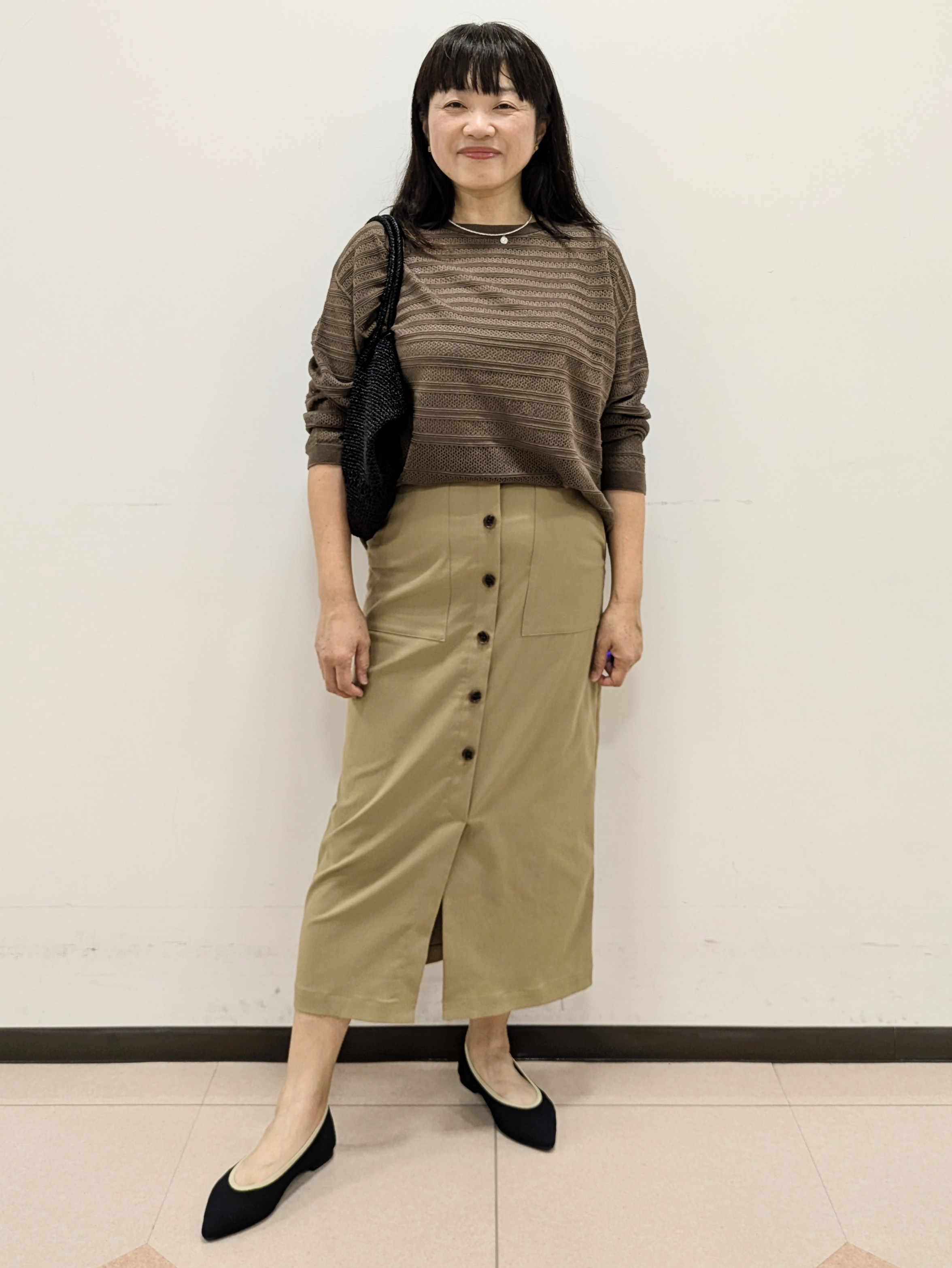 ともさんの「UNTITLED｜◆メッシュ柄ボーダーニット」を使ったコーディネート