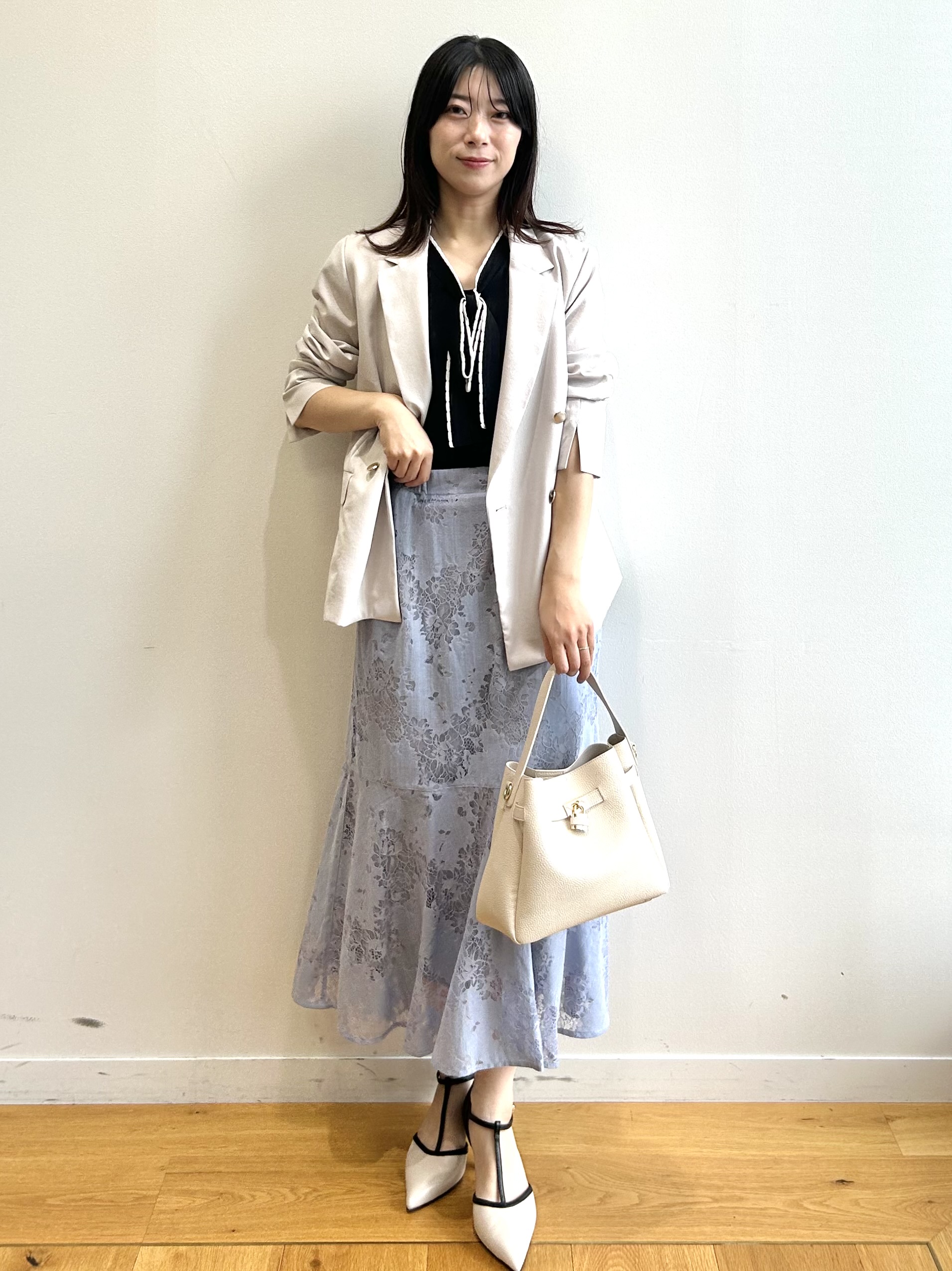 RINAさんの「index｜《再入荷》ダブルブレストテーラードジャケット【接触冷感／吸水速乾／イージーアイロン／防シワ／洗濯機O」を使ったコーディネート