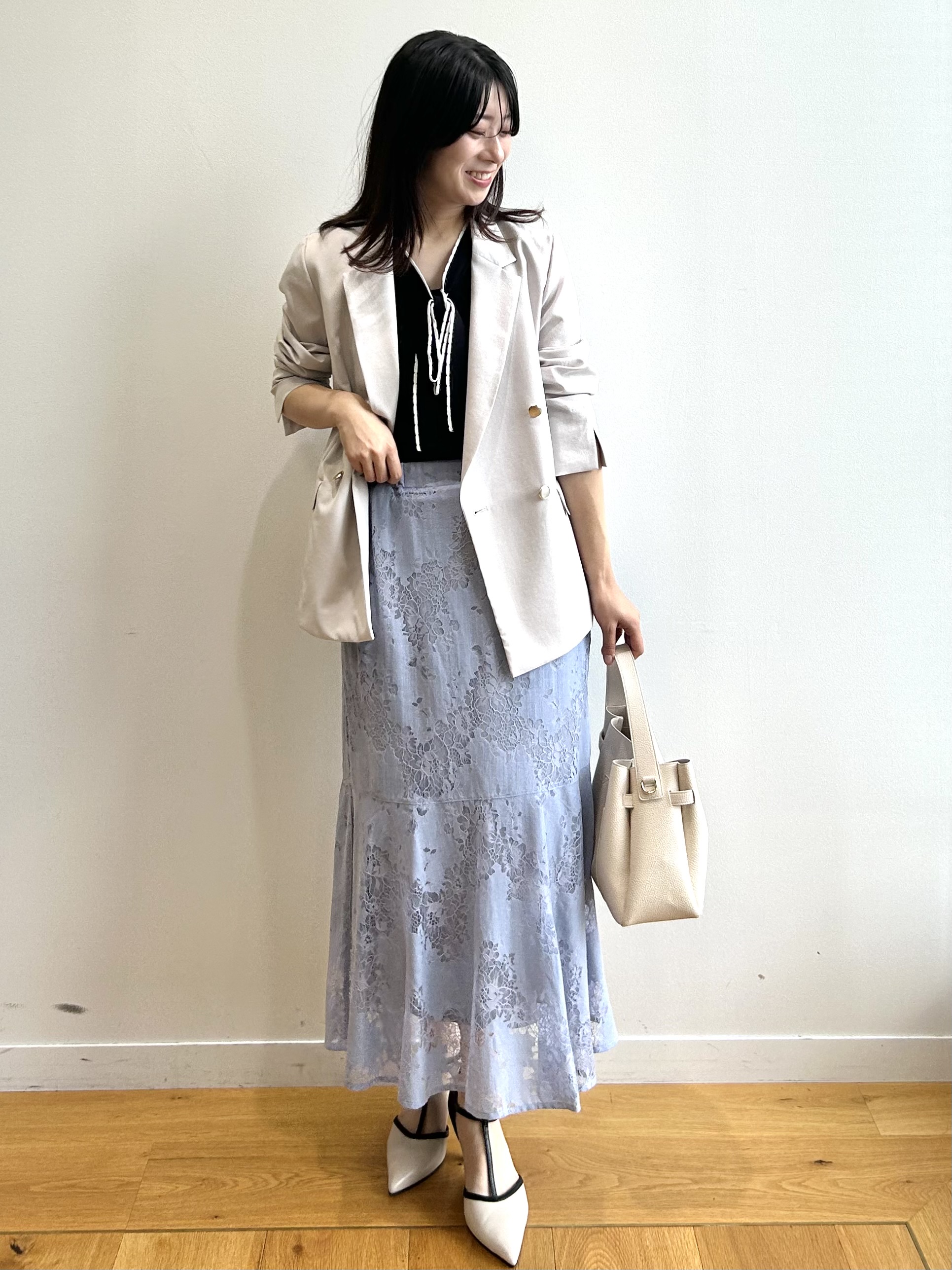 RINAさんの「index｜《再入荷》ダブルブレストテーラードジャケット【接触冷感／吸水速乾／イージーアイロン／防シワ／洗濯機O」を使ったコーディネート