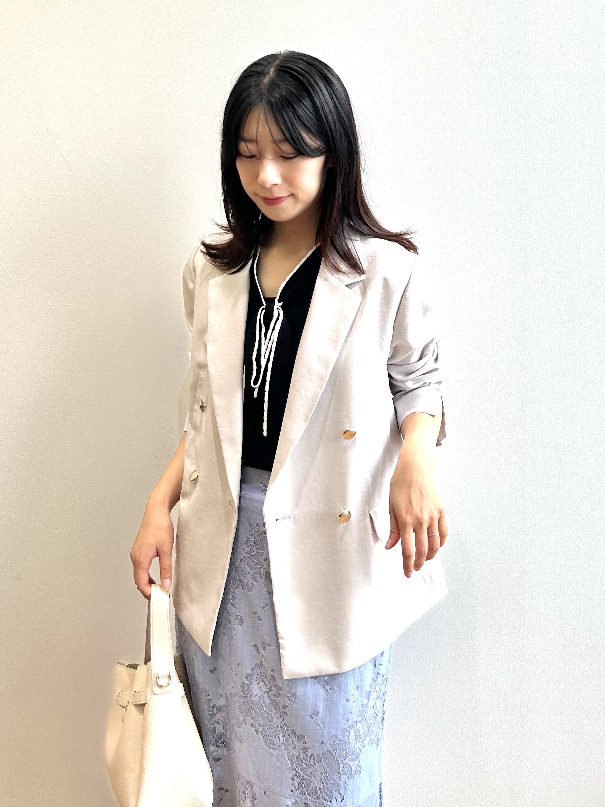 RINAさんの「index｜《再入荷》ダブルブレストテーラードジャケット【接触冷感／吸水速乾／イージーアイロン／防シワ／洗濯機O」を使ったコーディネート