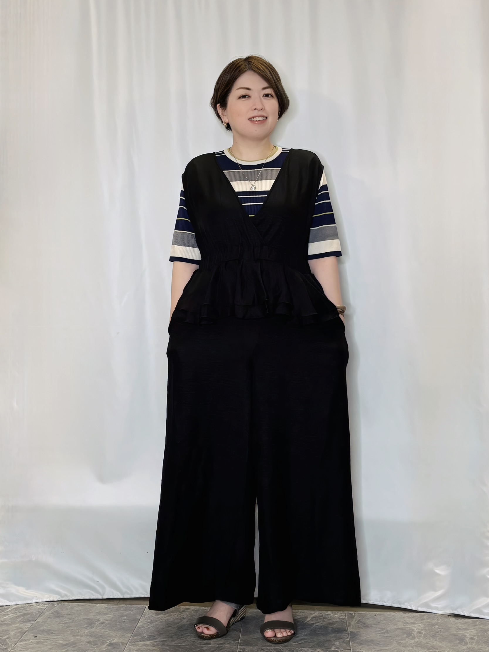たみさんの「SHOO･LA･RUE｜【S-LL】オンオフ着られる マルチボーダーリブニット」を使ったコーディネート