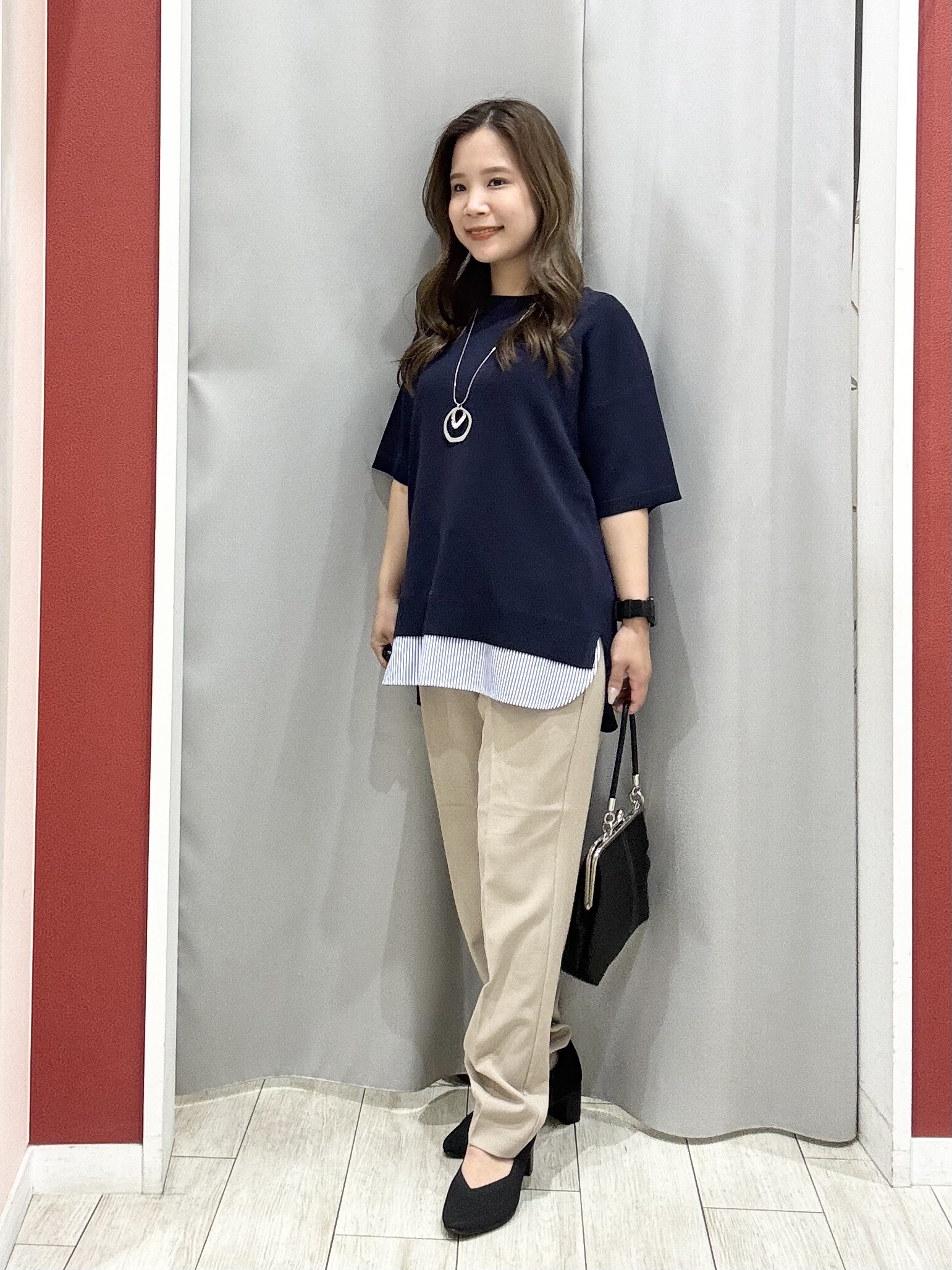 shioさんの「SHOO･LA･RUE｜【UV/洗濯機可/S-LL】毛玉になりにくい シャツレイヤード風でこなれ見え 半袖ニット」を使ったコーディネート