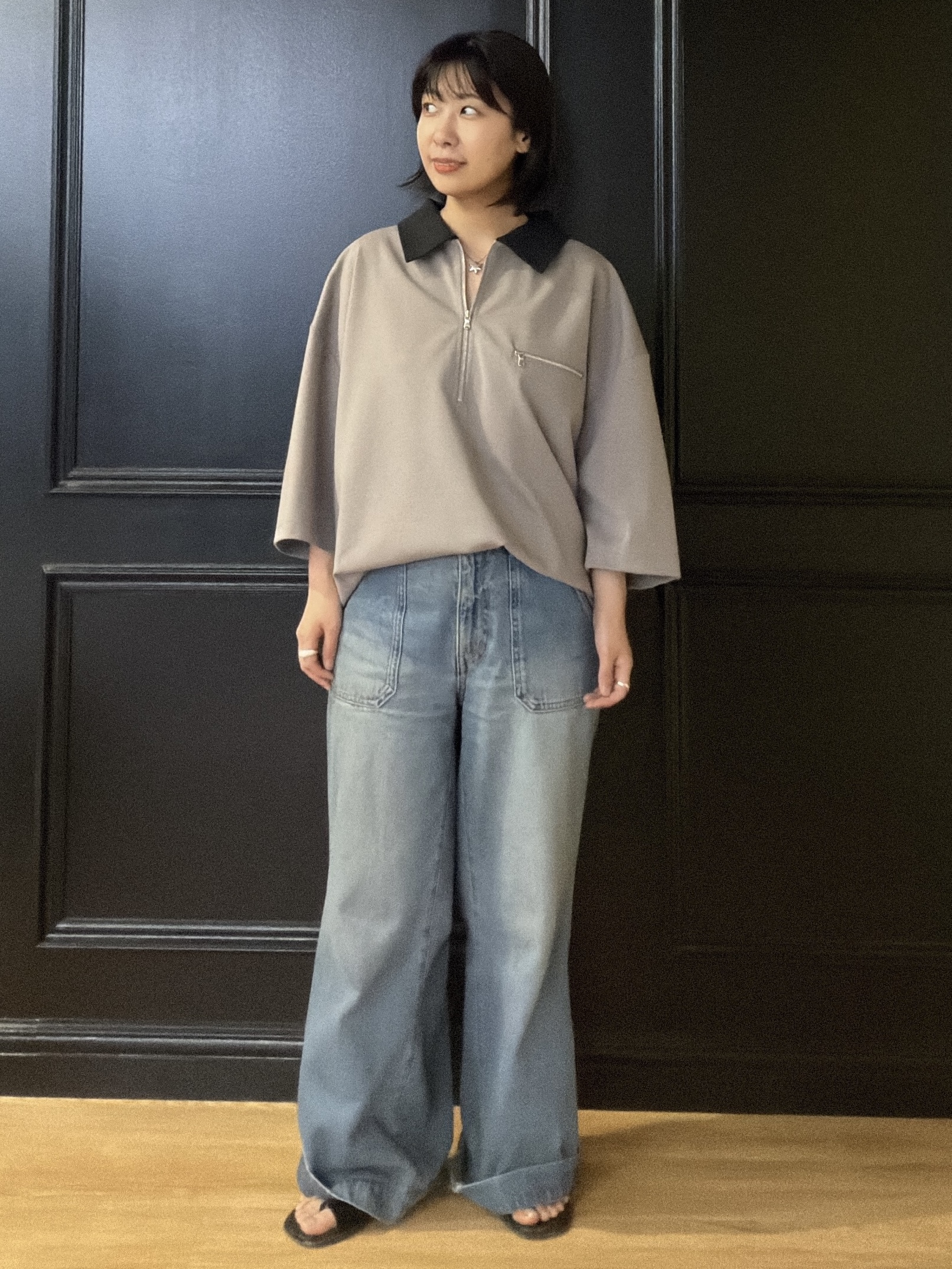 abeさんの「tk.TAKEO KIKUCHI｜【人気商品！】カラースイッチハーフジップポロ／ドロップショルダー／ポロシャツ／ドライタッチ」を使ったコーディネート