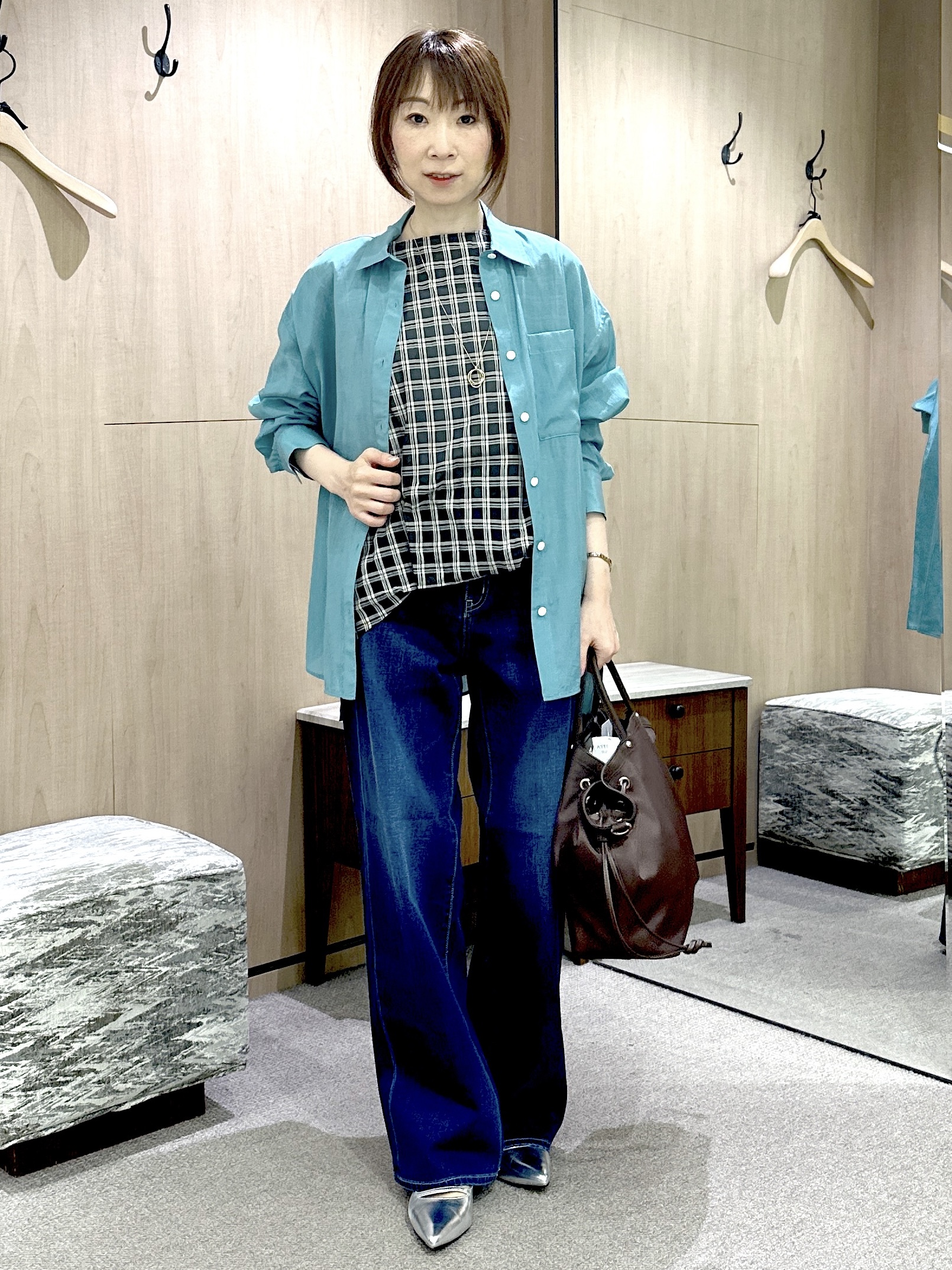 Miwaさんの「UNTITLED｜【秋めきシャツ/体型カバー】シアーチェックブラウス」を使ったコーディネート