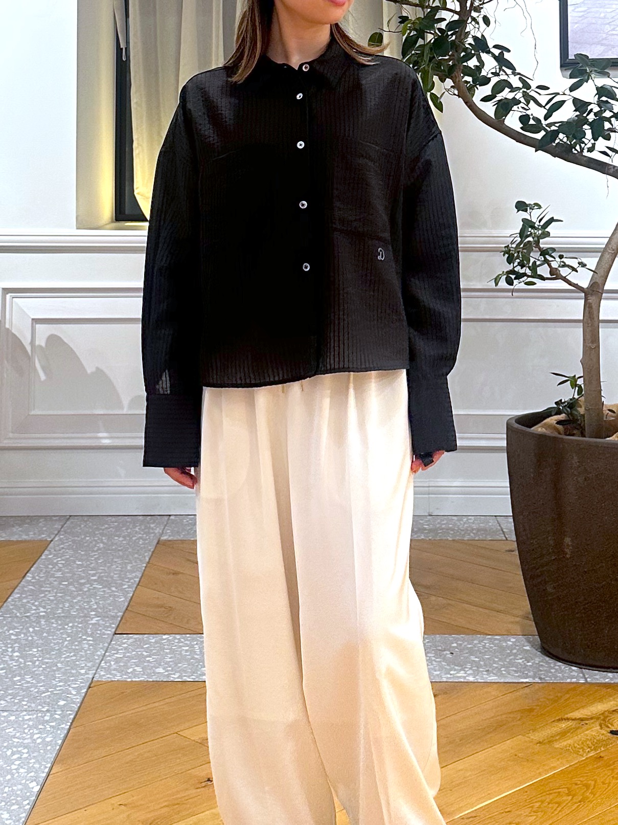 なべこさんの「DRESSTERIOR｜シアーストライプクロップドシャツ」を使ったコーディネート