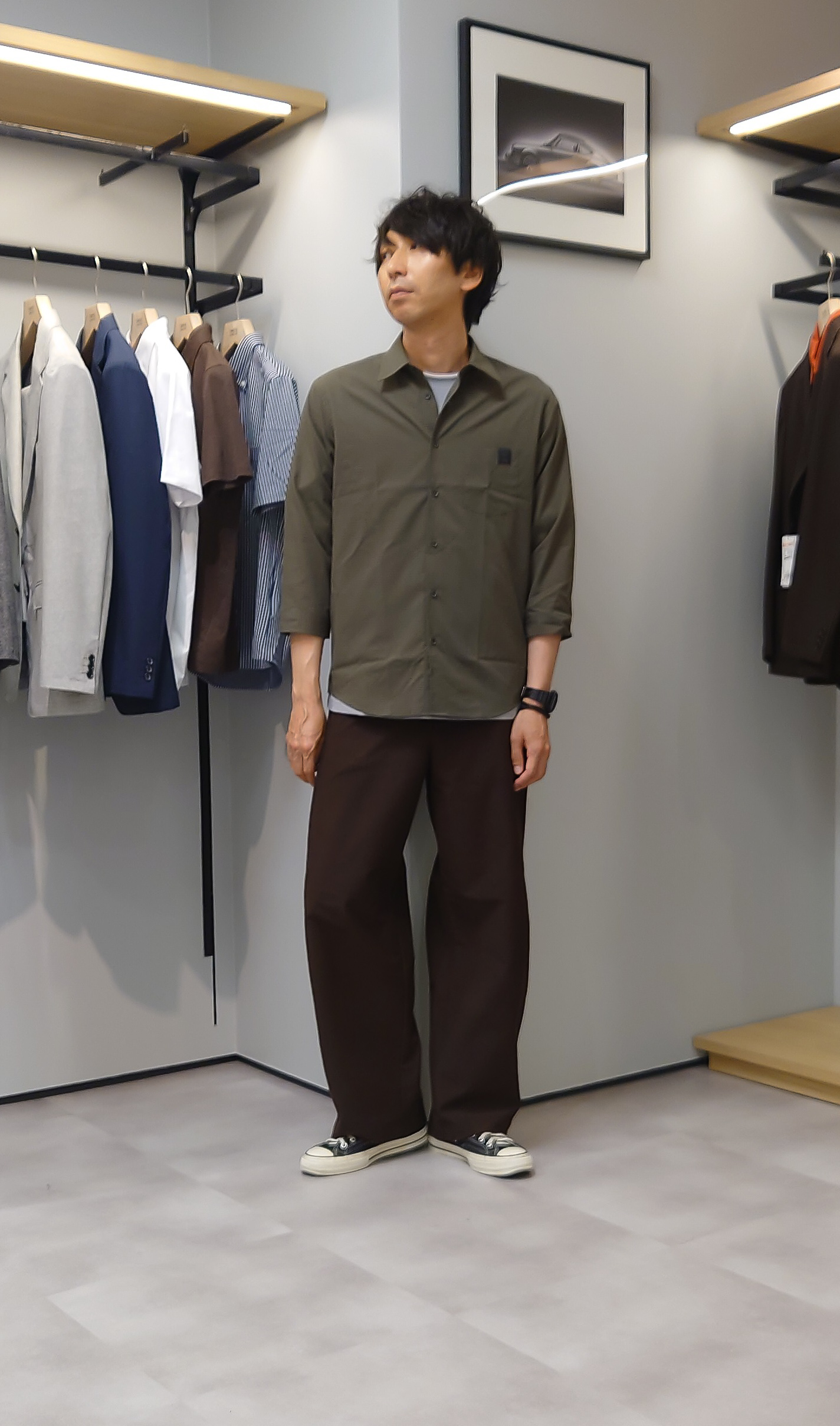 kawamuさんの「TAKEO KIKUCHI｜【日本製】DotAir（R）サッカー7分袖シャツ」を使ったコーディネート