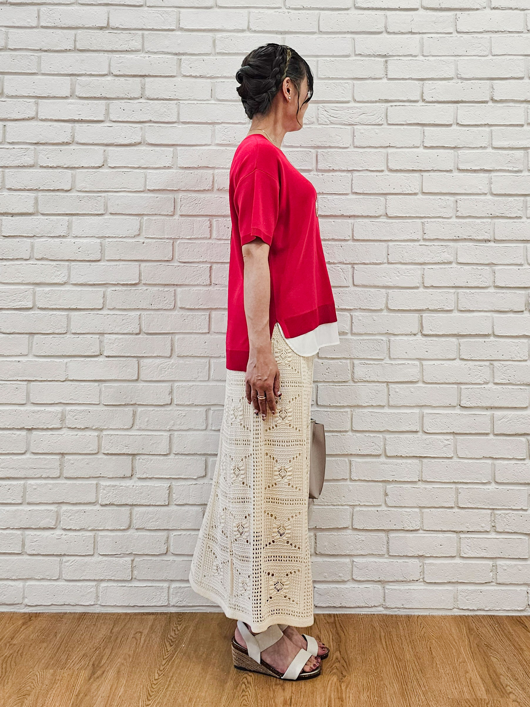 ゆゆさんの「SHOO･LA･RUE｜【UV/洗濯機可/S-LL】毛玉になりにくい シャツレイヤード風でこなれ見え 半袖ニット」を使ったコーディネート