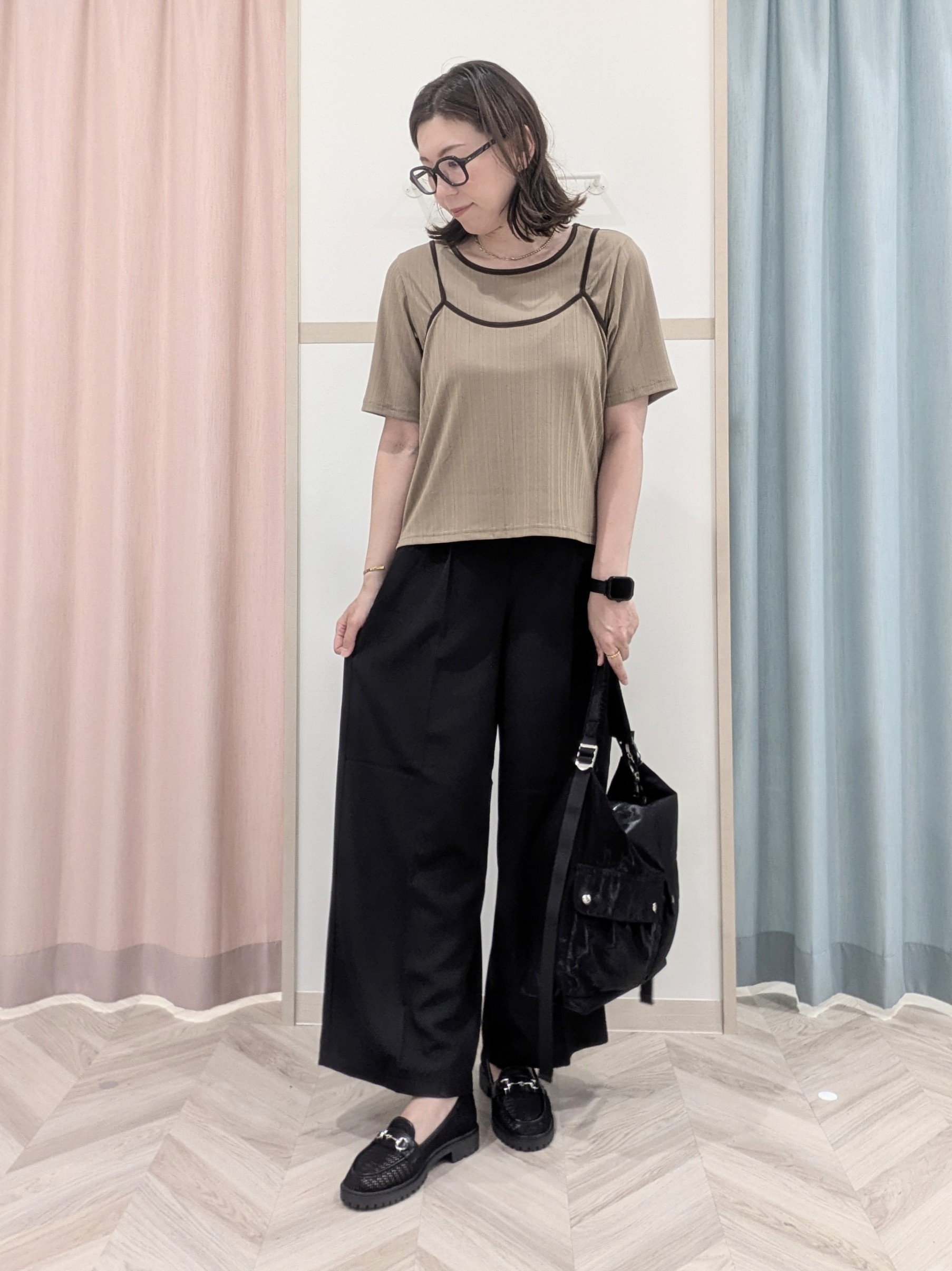 miyuさんの「SHOO･LA･RUE｜【2点セット】ランダムテレコで細見え  配色使いTシャツ+キャミソール」を使ったコーディネート