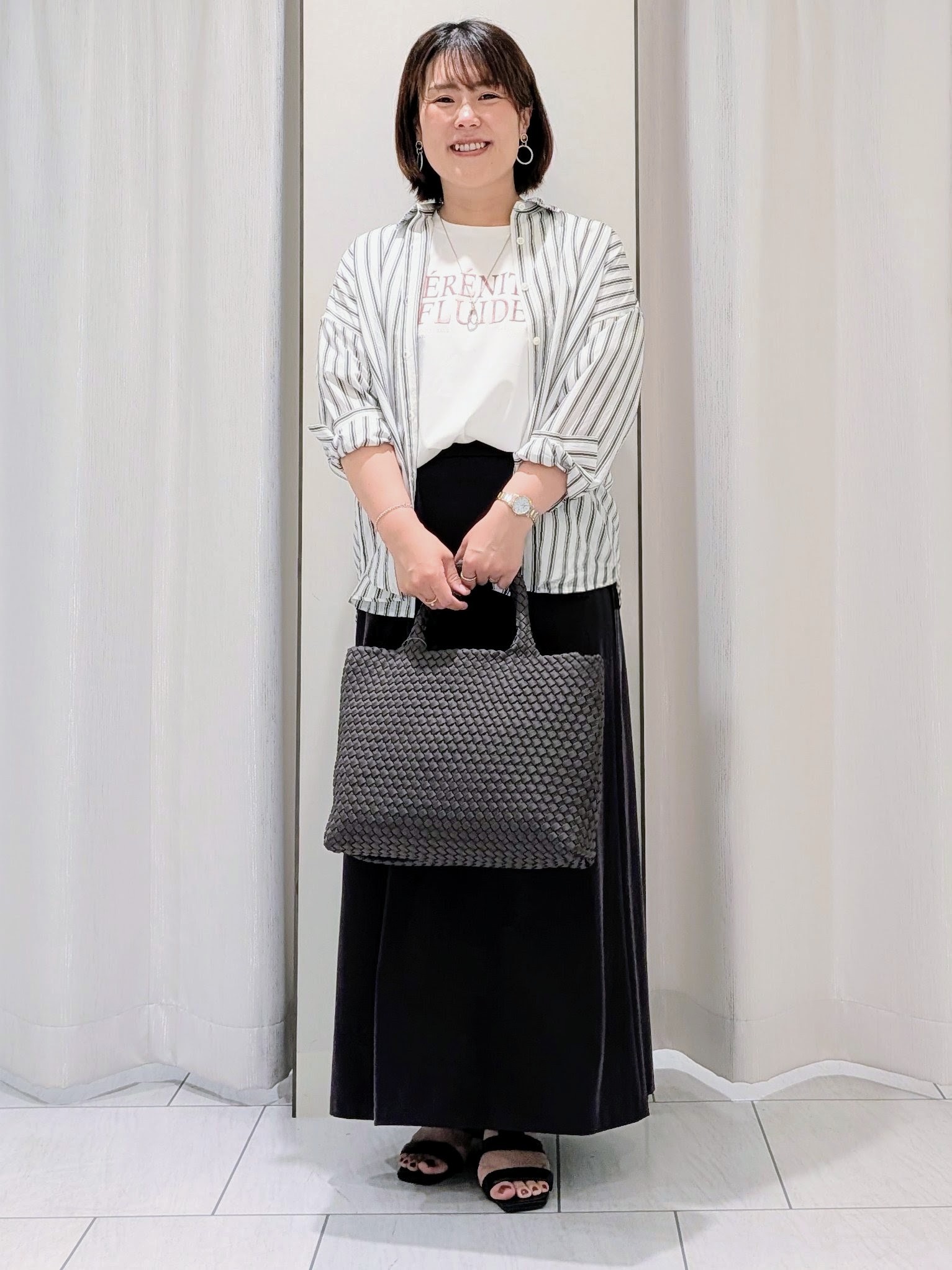 Onumaさんの「UNTITLED｜【秋映え/羽織り】ストライプシャツ」を使ったコーディネート