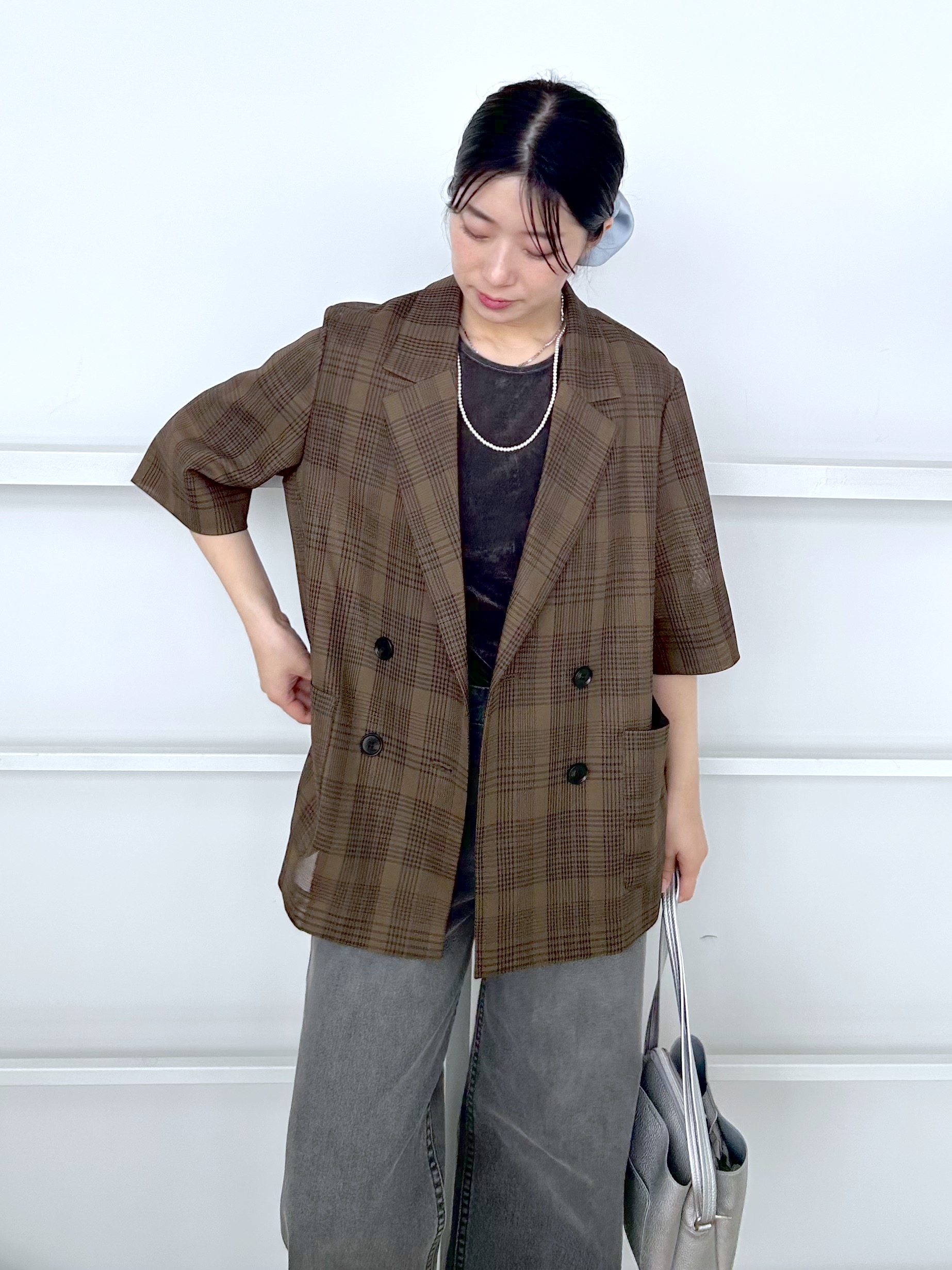 RINAさんの「OPAQUE.CLIP｜メッシュテーラードジャケット／チェック柄アソート【洗濯機OK】」を使ったコーディネート