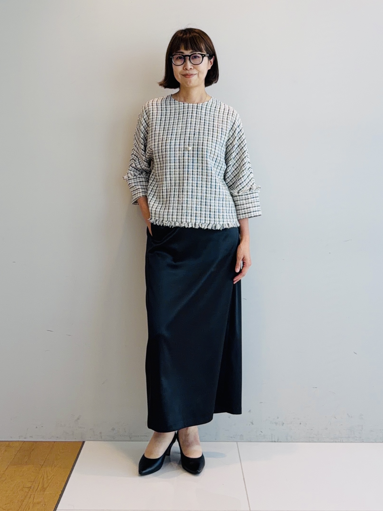 murayamaさんの「INDIVI｜【華やか／1枚でサマになる】上品ツイードブラウス」を使ったコーディネート