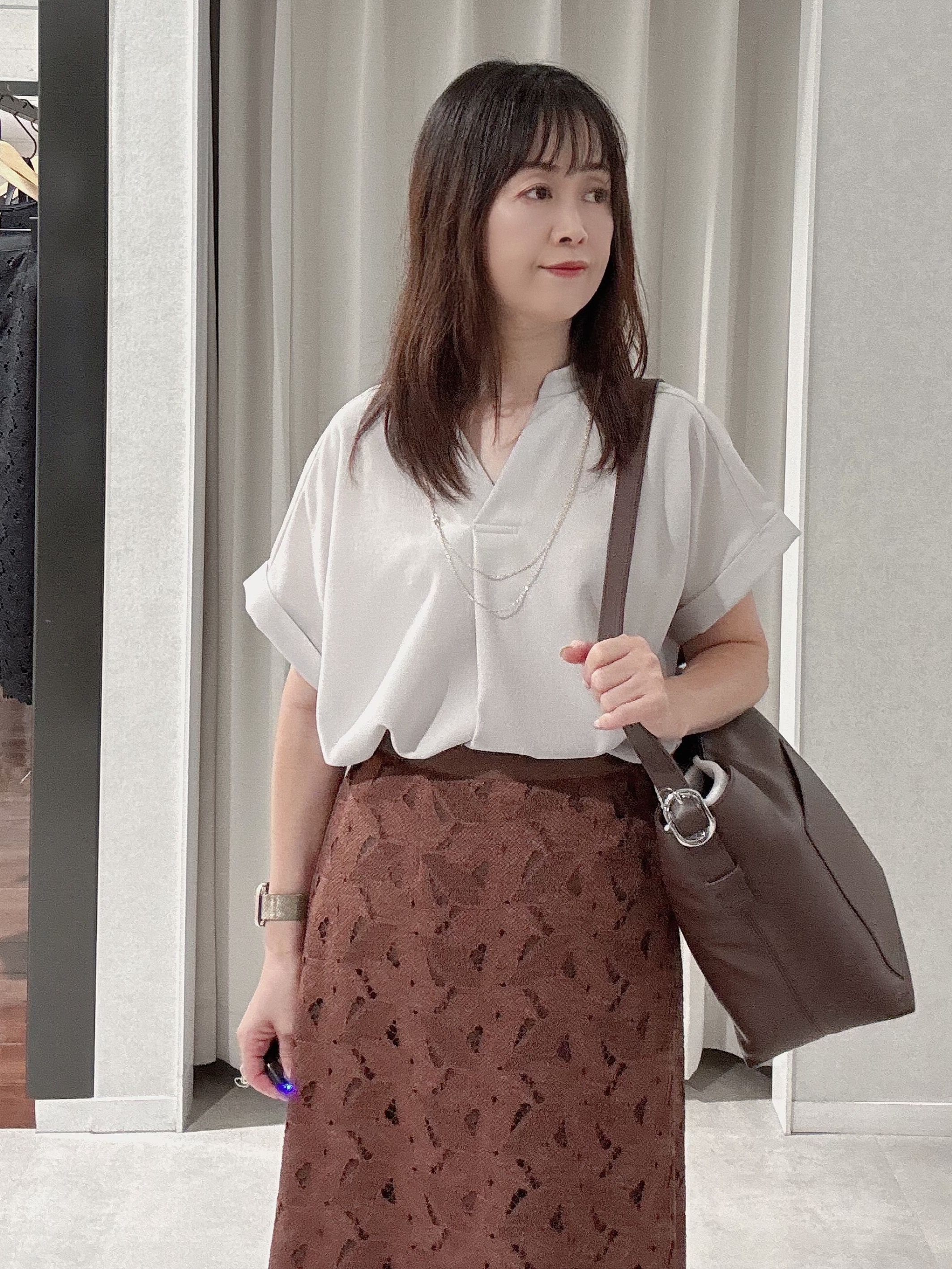 makiさんの「UNTITLED｜【セットアップ可/UVカット】エアリークールブラウス」を使ったコーディネート
