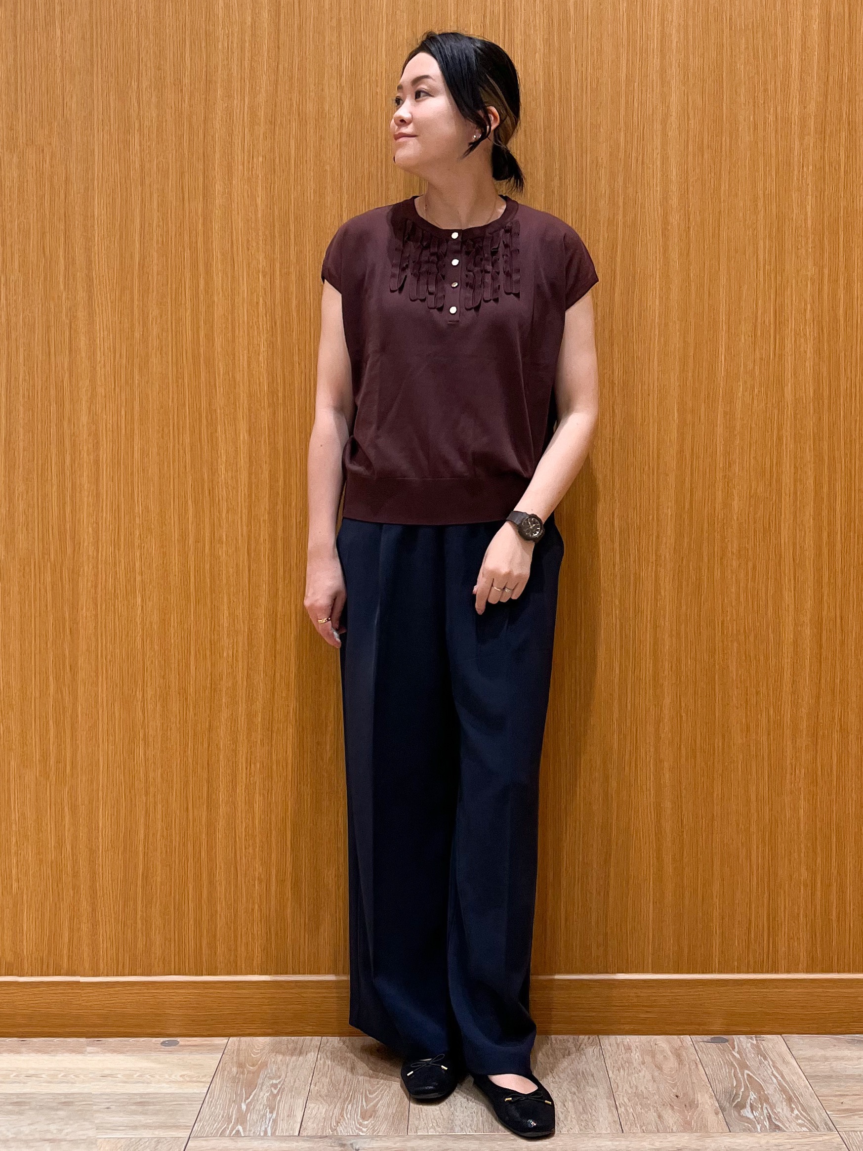 aさんの「OPAQUE.CLIP｜【UV】フリルフレンチスリーブニット《接触冷感／洗濯機OK》」を使ったコーディネート