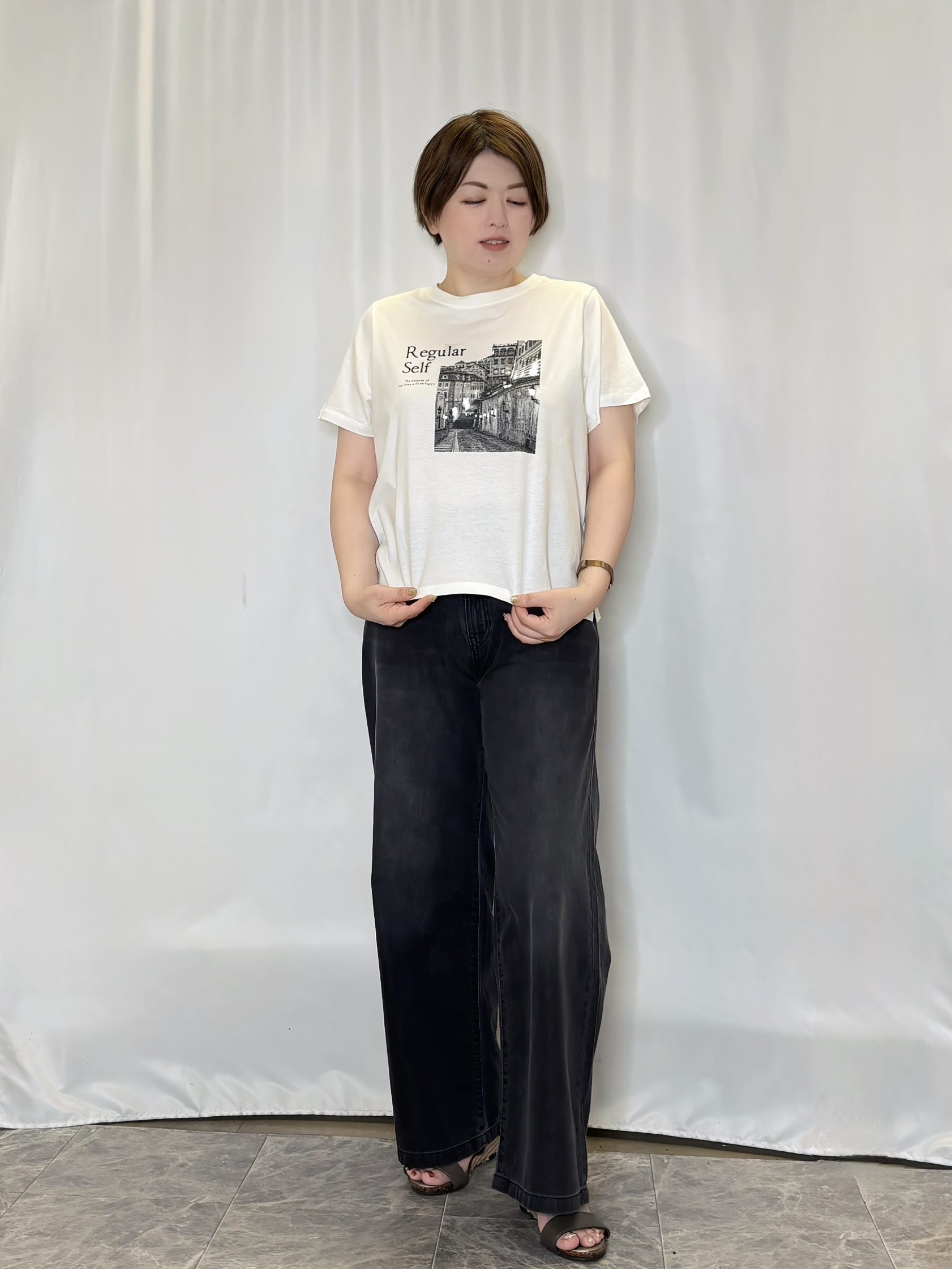 たみさんの「SHOO･LA･RUE｜【洗濯機可/S-LL】二の腕隠せる 5分袖ギンガムシアーブラウス」を使ったコーディネート