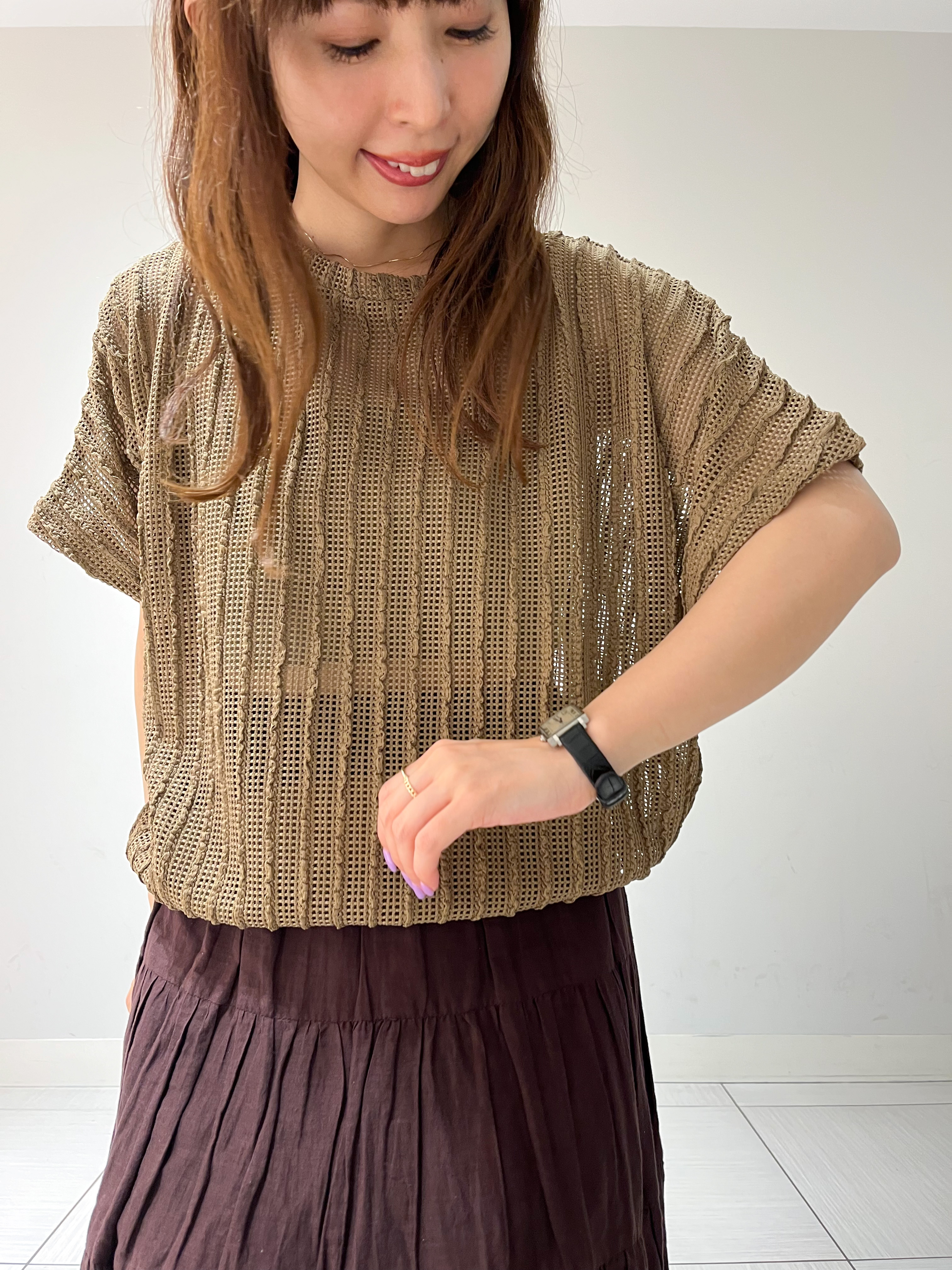 じゅんさんの「DRESSTERIOR｜【体型カバー/日除け】ドルマンスリーブ シアーメッシュプルオーバー」を使ったコーディネート