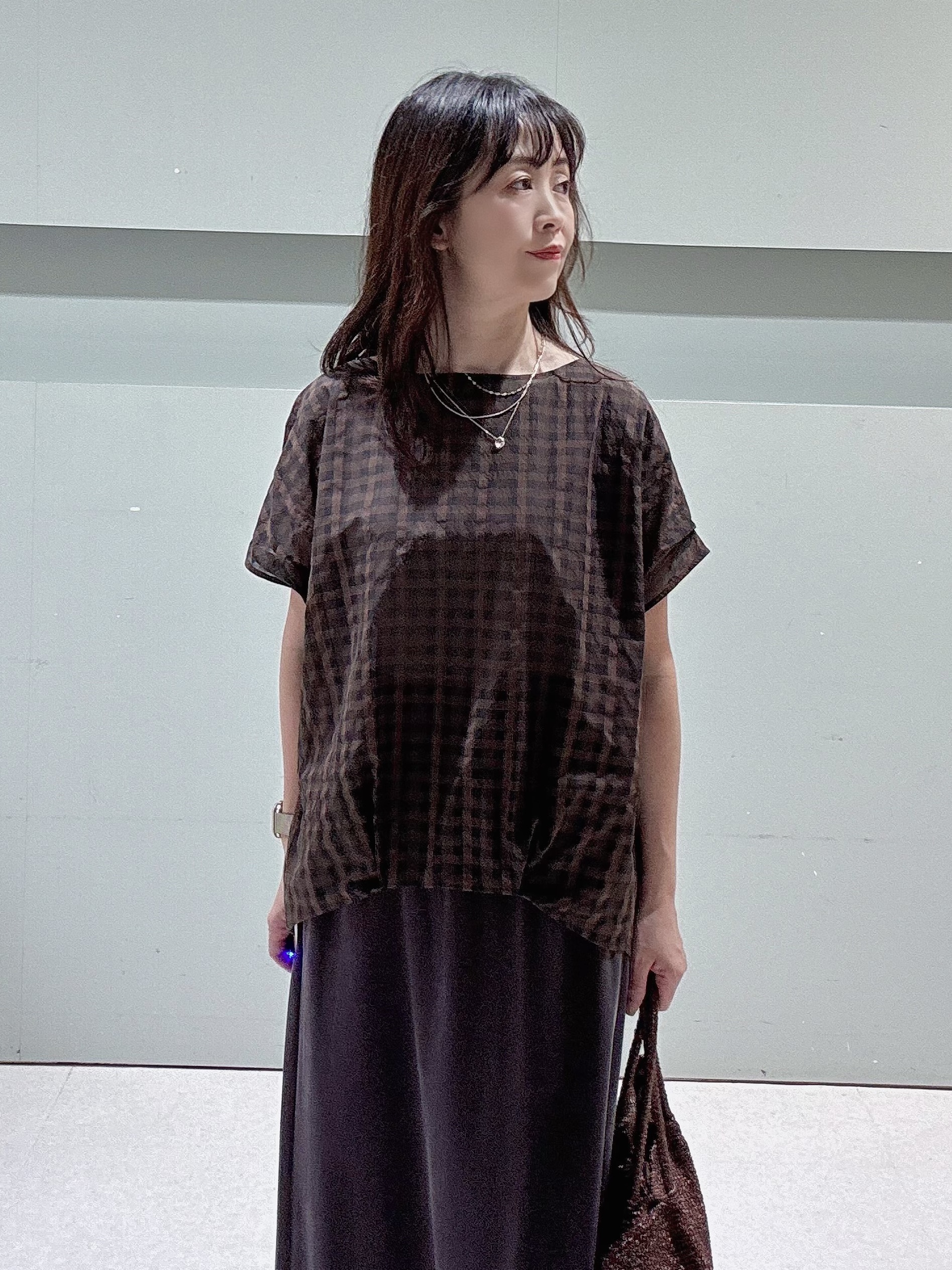 makiさんの「UNTITLED｜【秋めきシャツ/体型カバー】シアーチェックブラウス」を使ったコーディネート