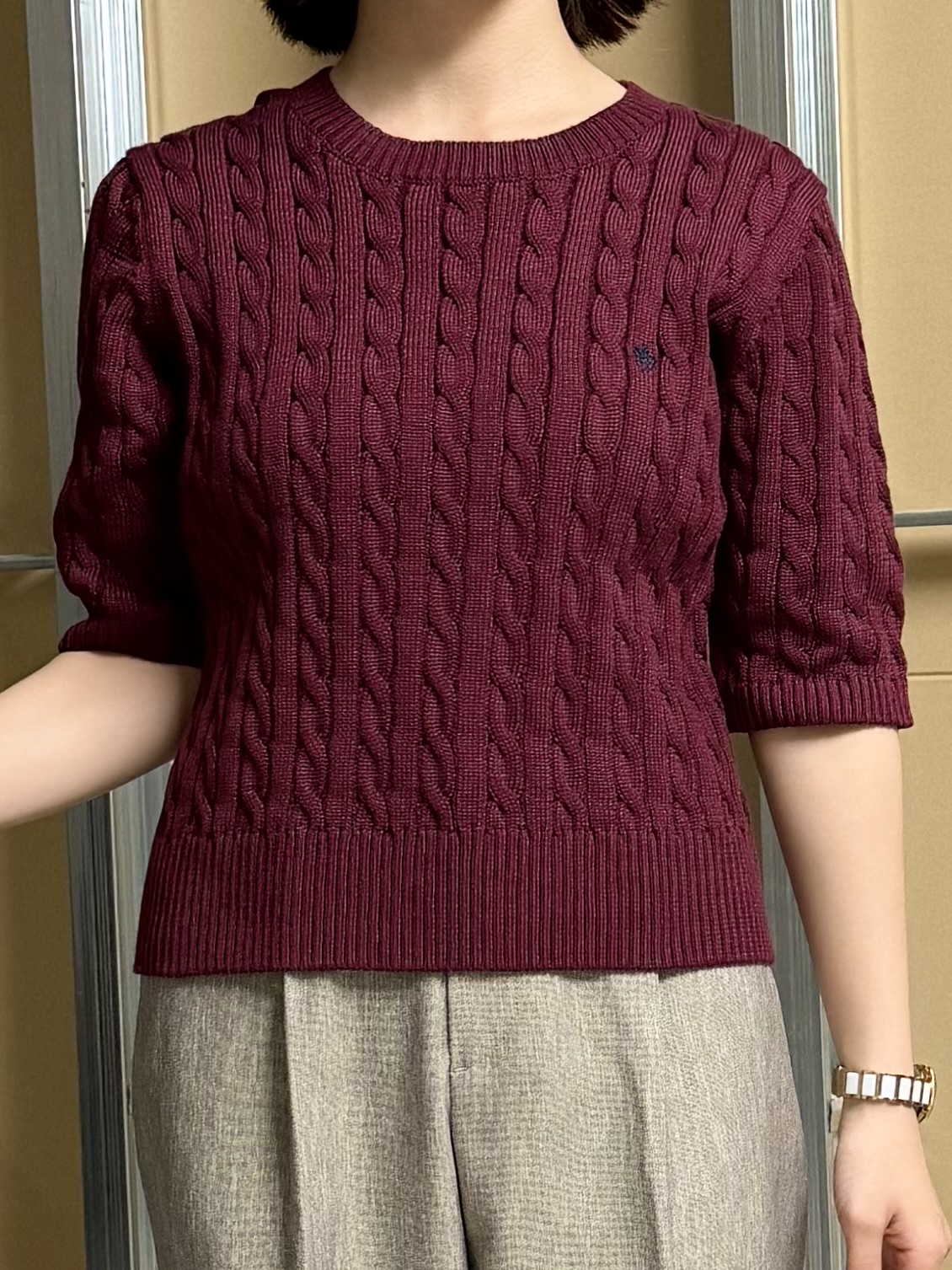 sahoさんの「THE SHOP TK｜POLO BCS/ケーブル5分袖ニット」を使ったコーディネート