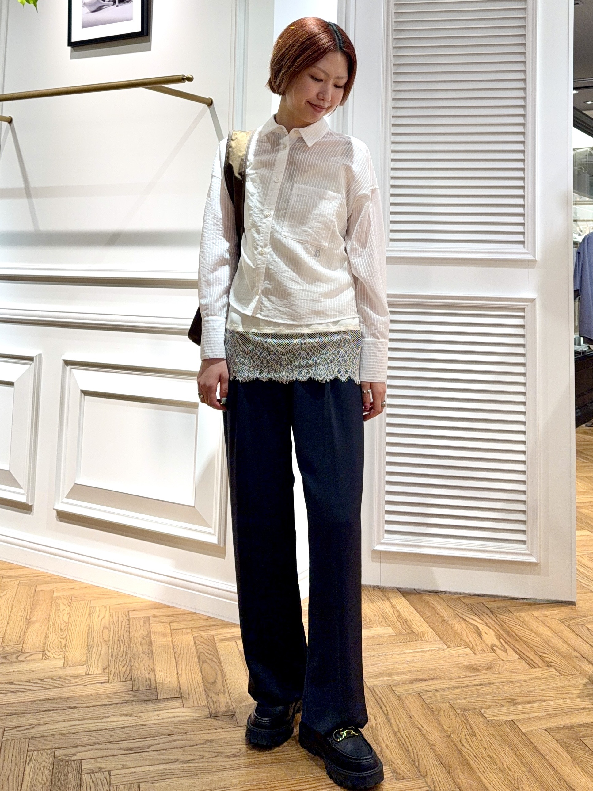 renaさんの「DRESSTERIOR｜◆シアーストライプクロップドシャツ」を使ったコーディネート