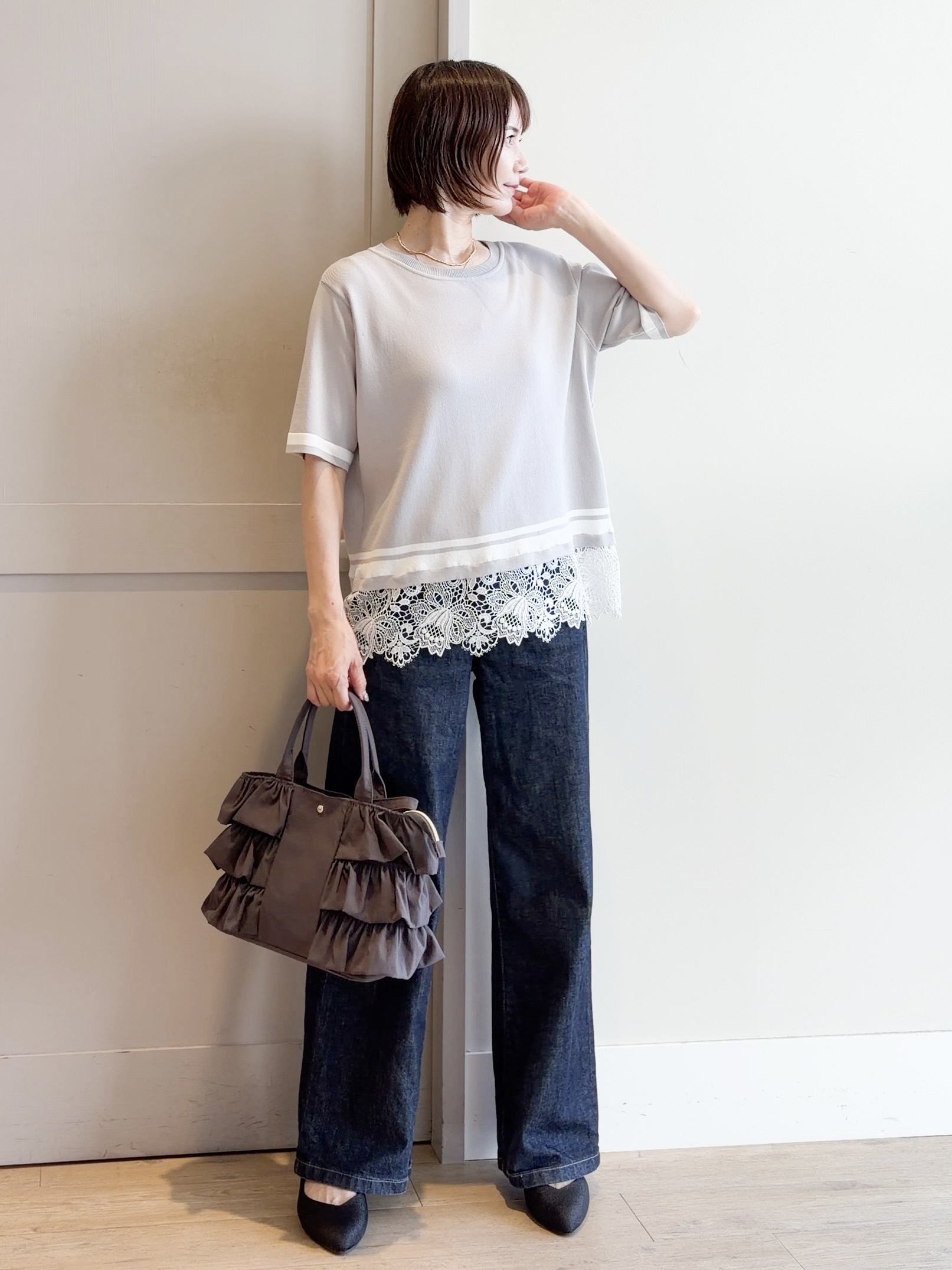 yamakoさんの「grove｜【シリーズ累計36万枚／UVカット・洗濯機OK】やわらかドライタッチレースドッキングニット」を使ったコーディネート