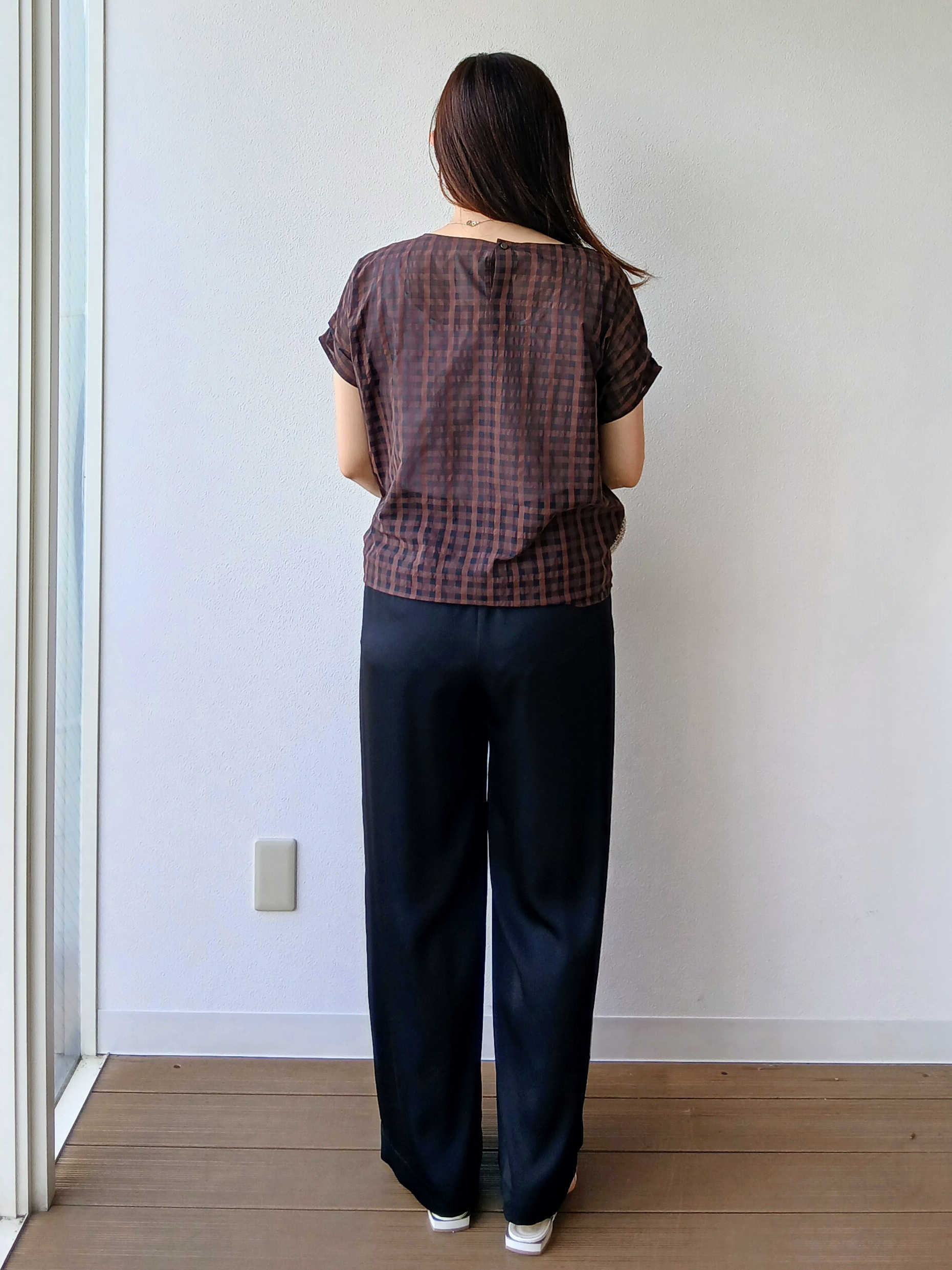 なみきさんの「UNTITLED｜【秋めきシャツ/体型カバー】シアーチェックブラウス」を使ったコーディネート