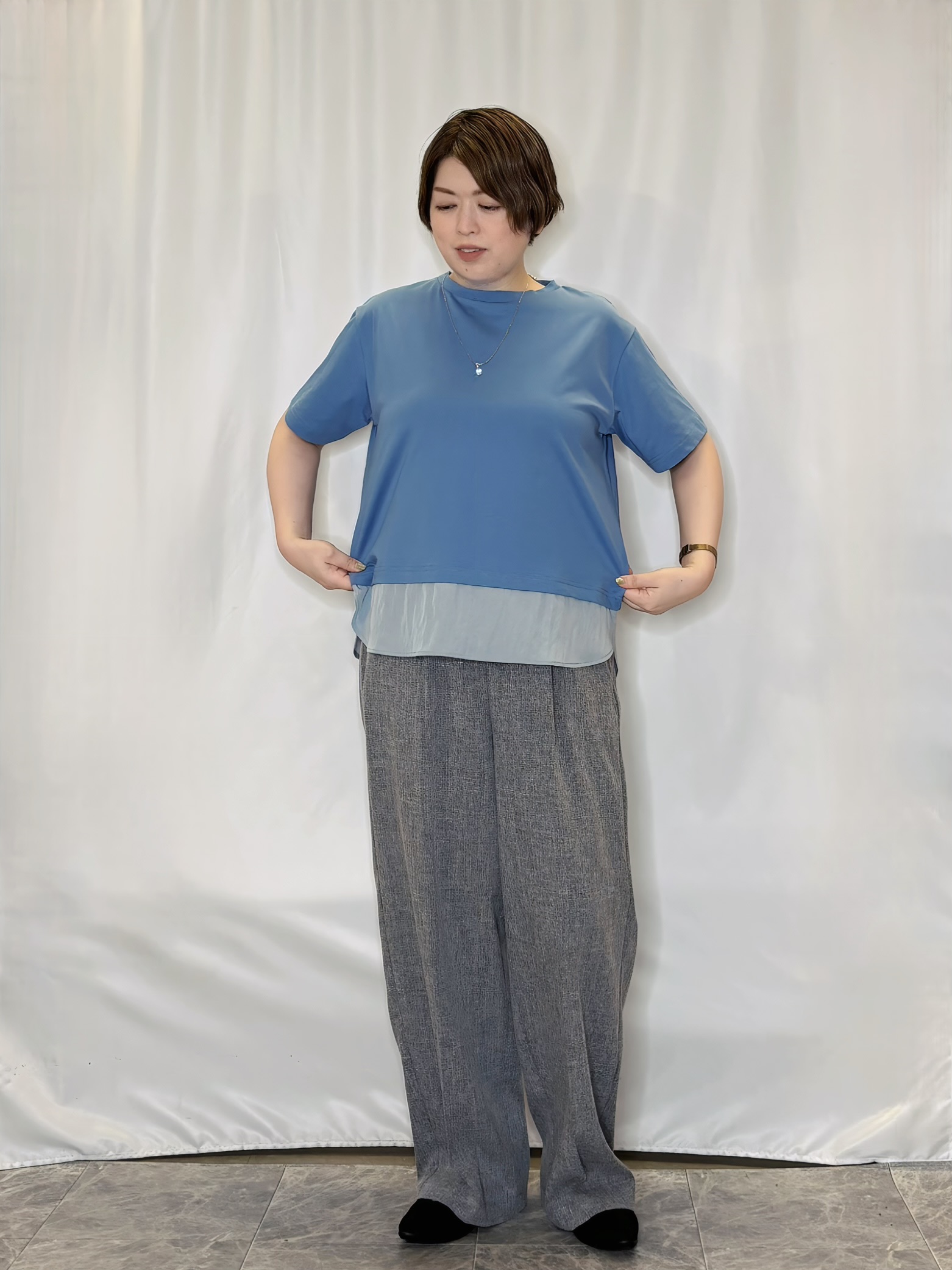 たみさんの「SHOO･LA･RUE｜【体型カバー/S-LL/洗濯機可】インせず着られる 異素材ドッキングTシャツ」を使ったコーディネート