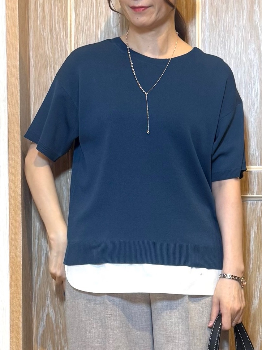 KAORIさんの「SHOO･LA･RUE｜【UV/洗濯機可/S-LL】毛玉になりにくい シャツレイヤード風でこなれ見え 半袖ニット」を使ったコーディネート
