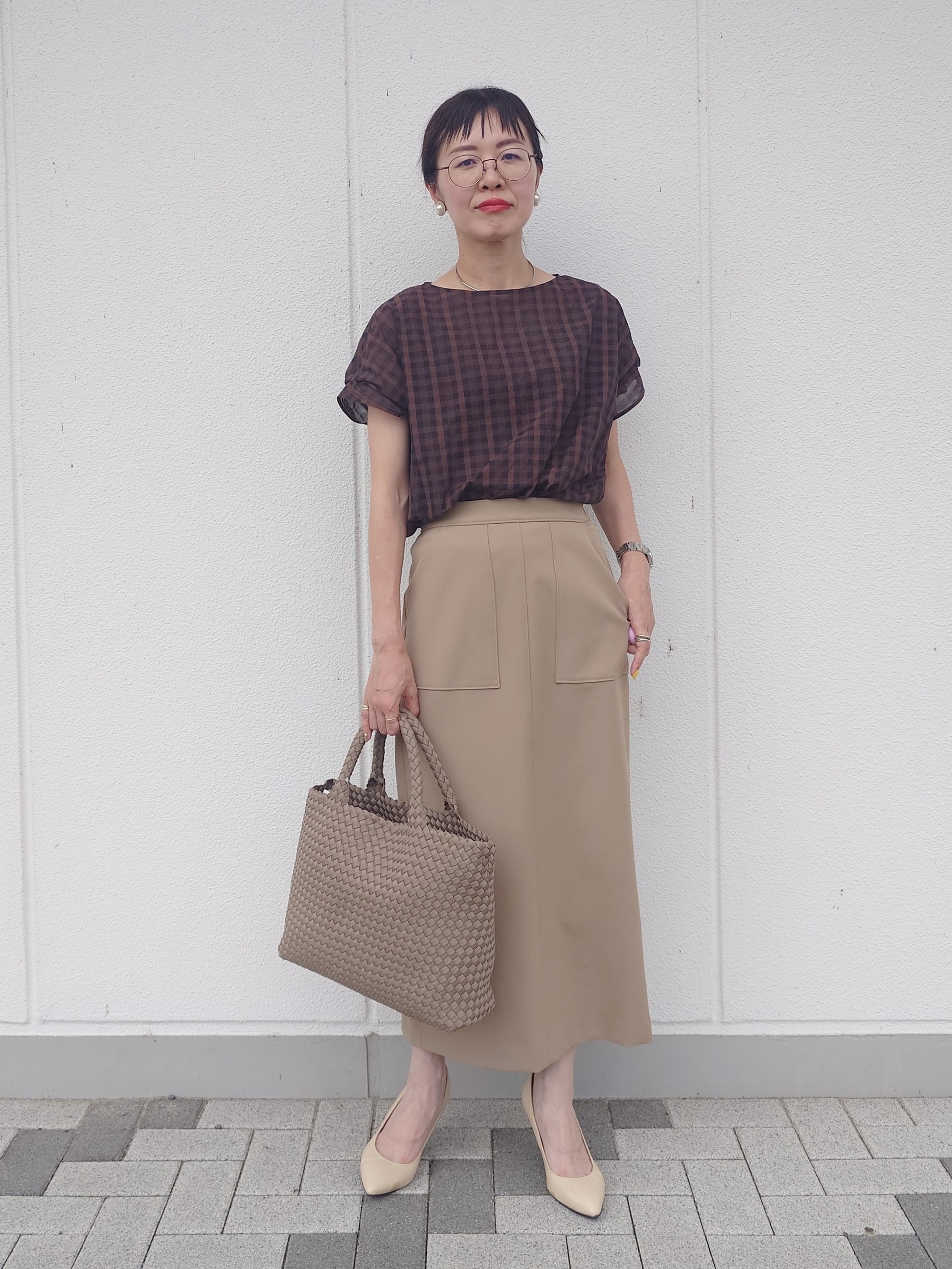 MUTSUKOさんの「UNTITLED｜【秋めきシャツ/体型カバー】シアーチェックブラウス」を使ったコーディネート