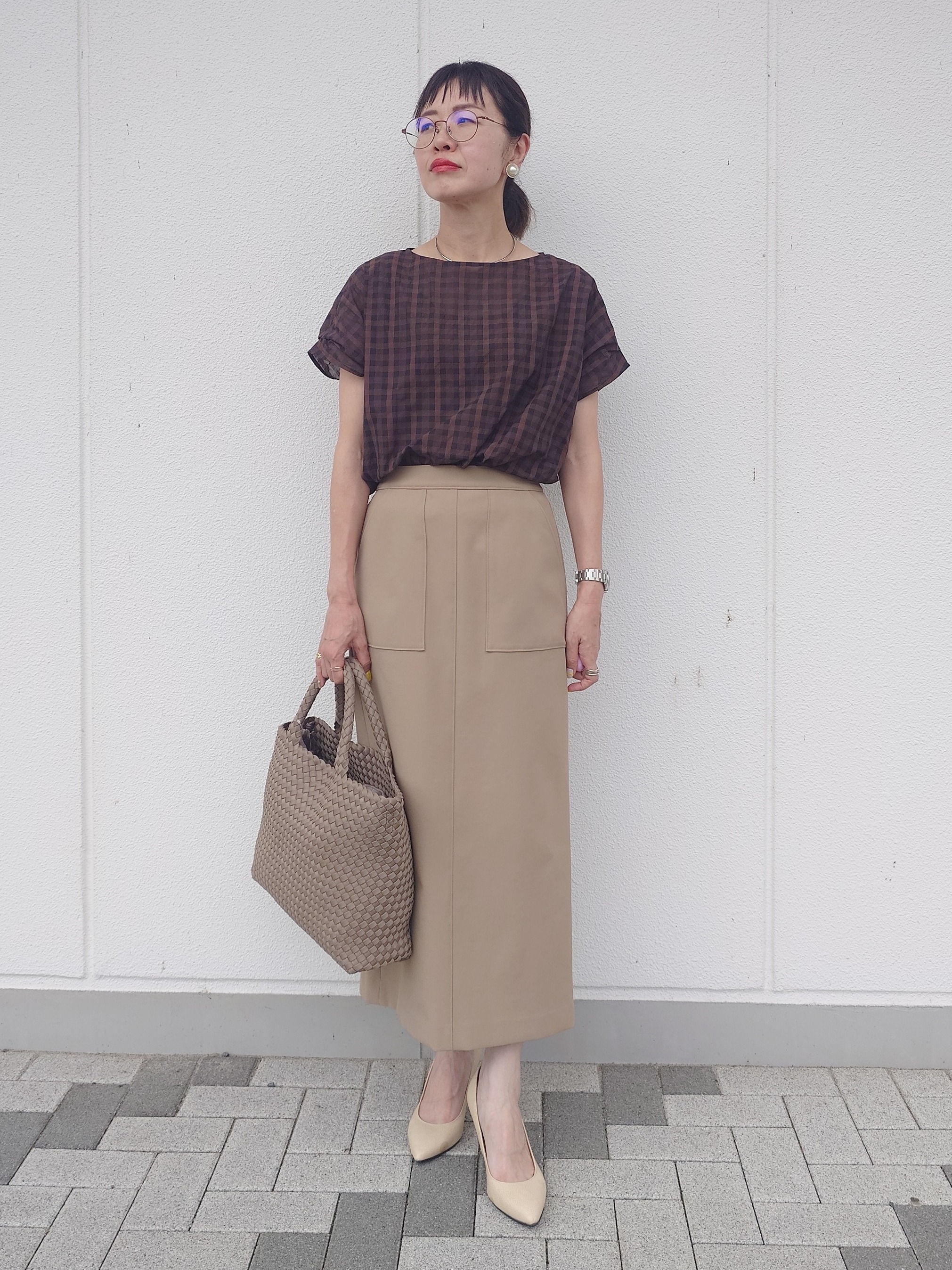 MUTSUKOさんの「UNTITLED｜【秋めきシャツ/体型カバー】シアーチェックブラウス」を使ったコーディネート
