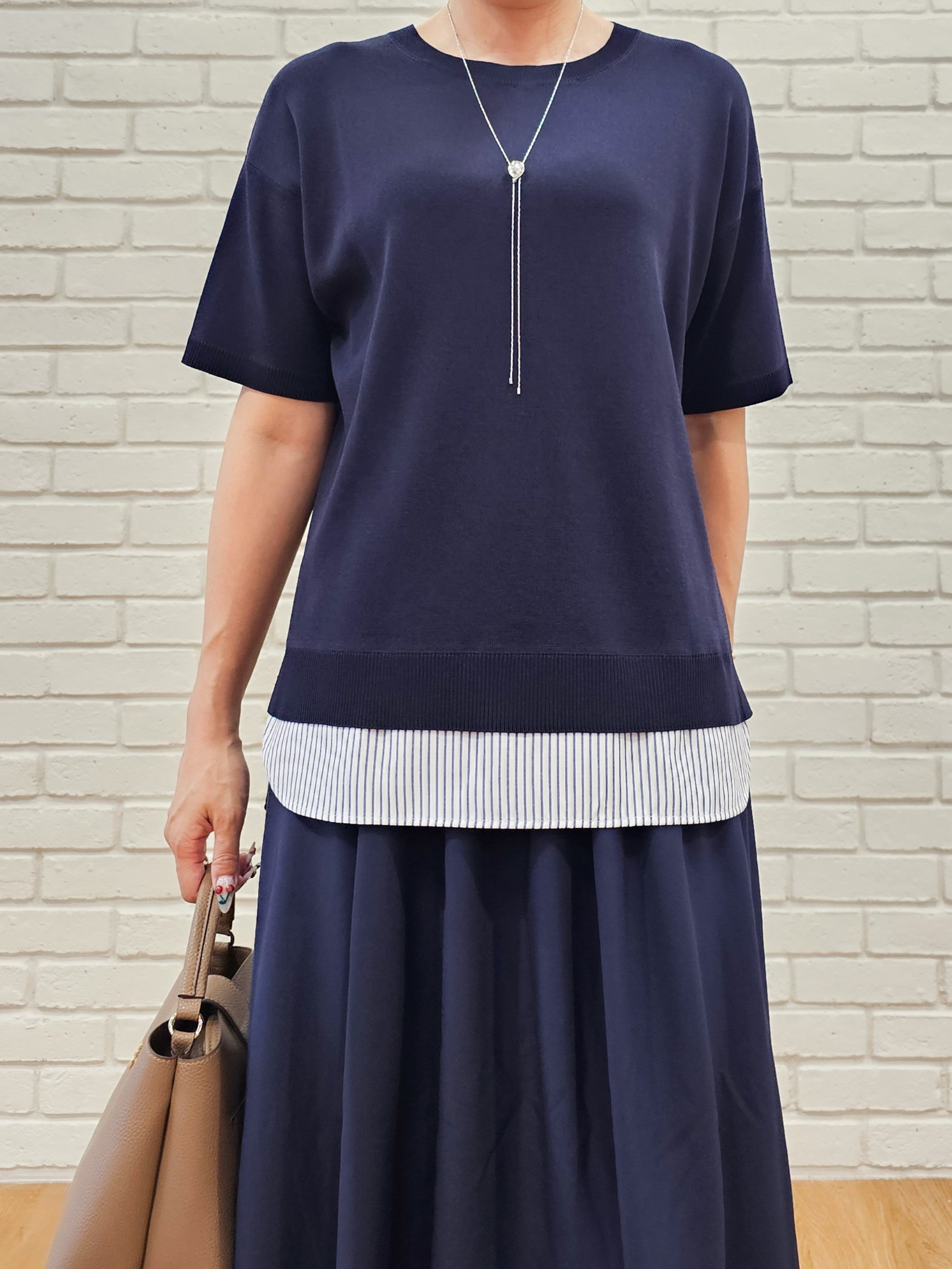 ゆゆさんの「SHOO･LA･RUE｜【UV/洗濯機可/S-LL】毛玉になりにくい シャツレイヤード風でこなれ見え 半袖ニット」を使ったコーディネート