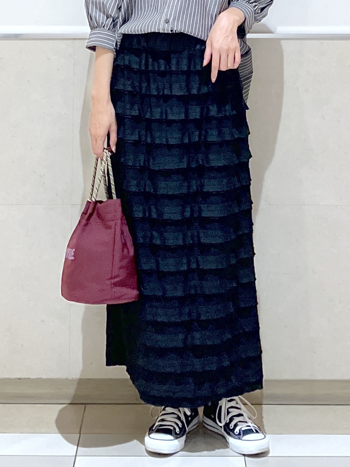 eriko さんの「Dessin｜【秋羽織り/洗濯機OK】ギャザースリーブストライプシャツ6分袖」を使ったコーディネート