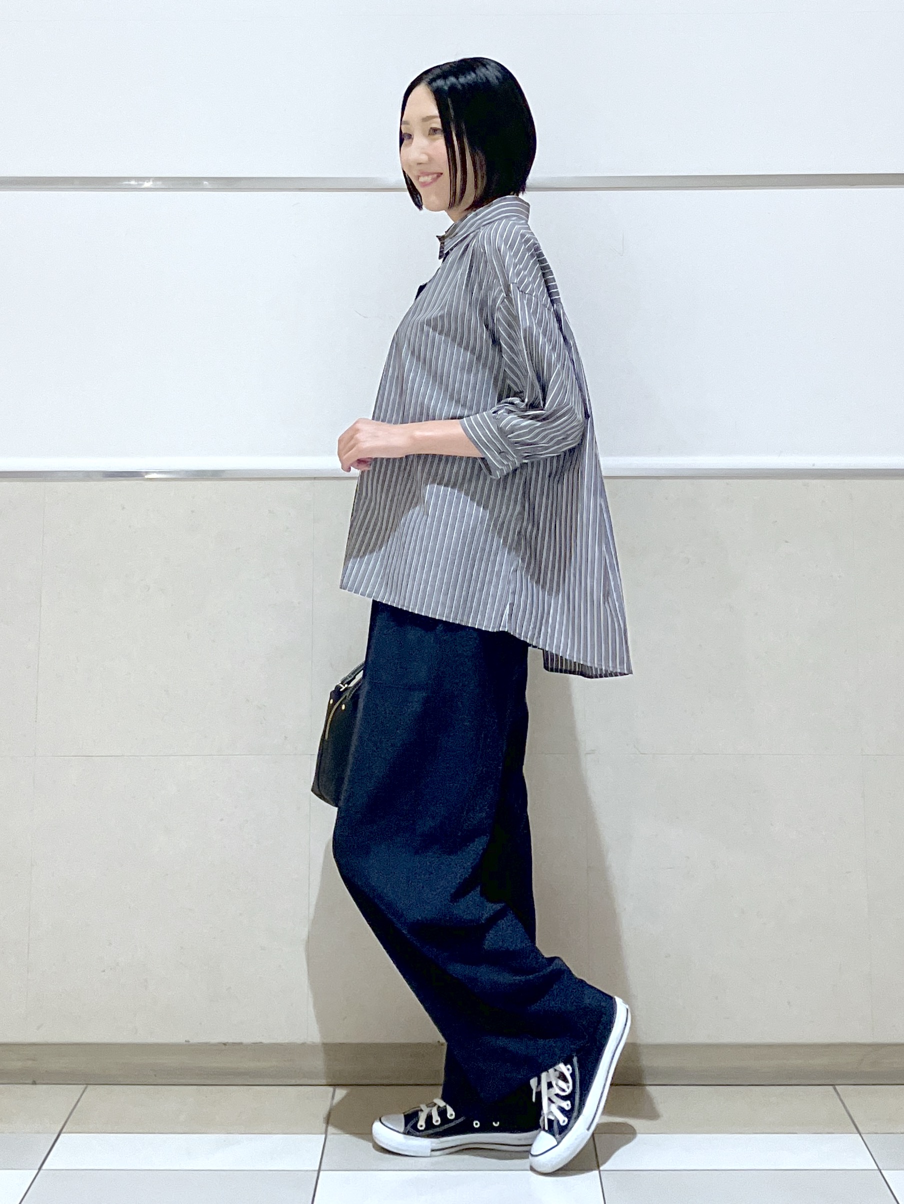 eriko さんの「Dessin｜【秋羽織り/洗濯機OK】ギャザースリーブストライプシャツ6分袖」を使ったコーディネート