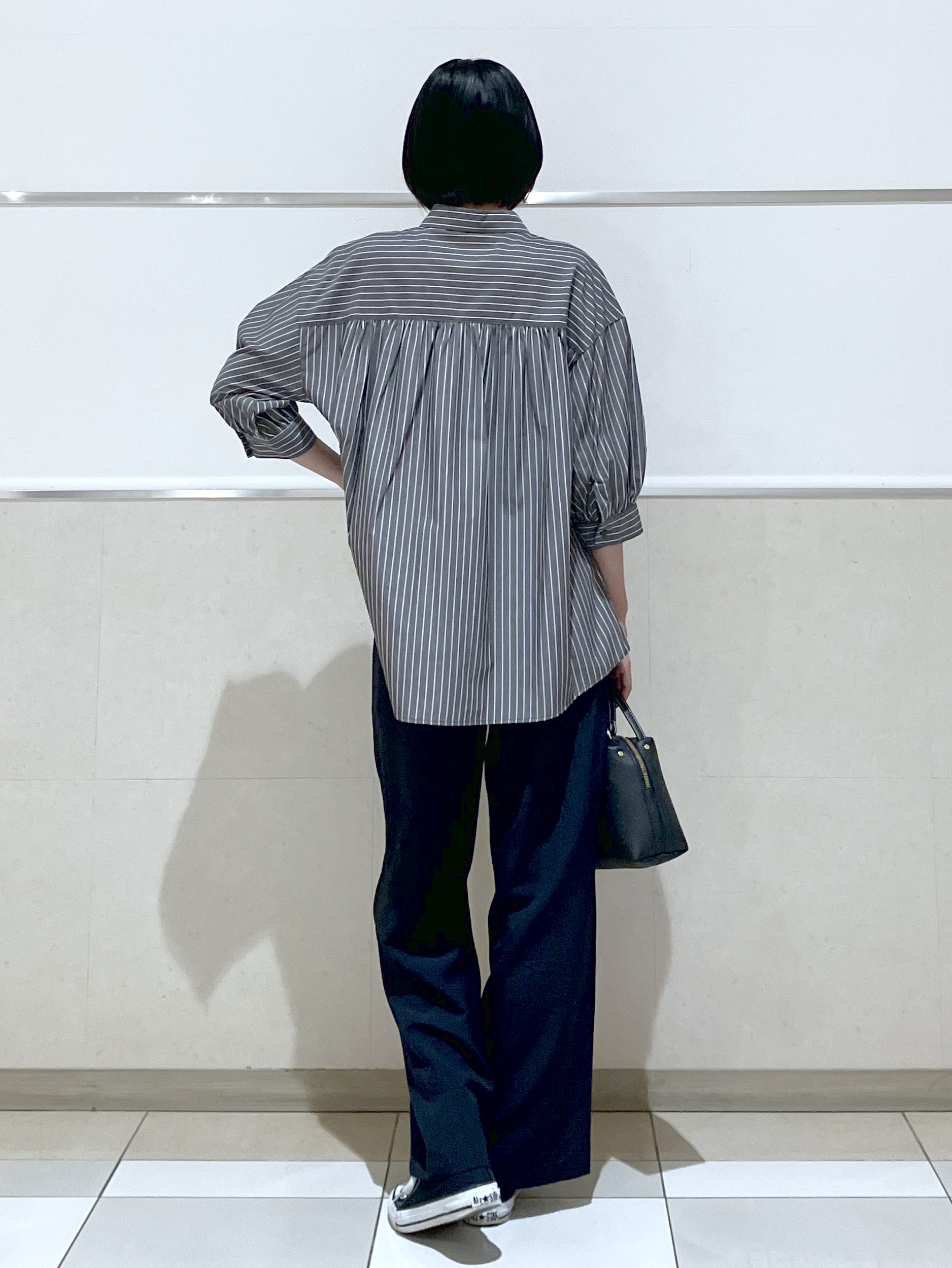 eriko さんの「Dessin｜【秋羽織り/洗濯機OK】ギャザースリーブストライプシャツ6分袖」を使ったコーディネート