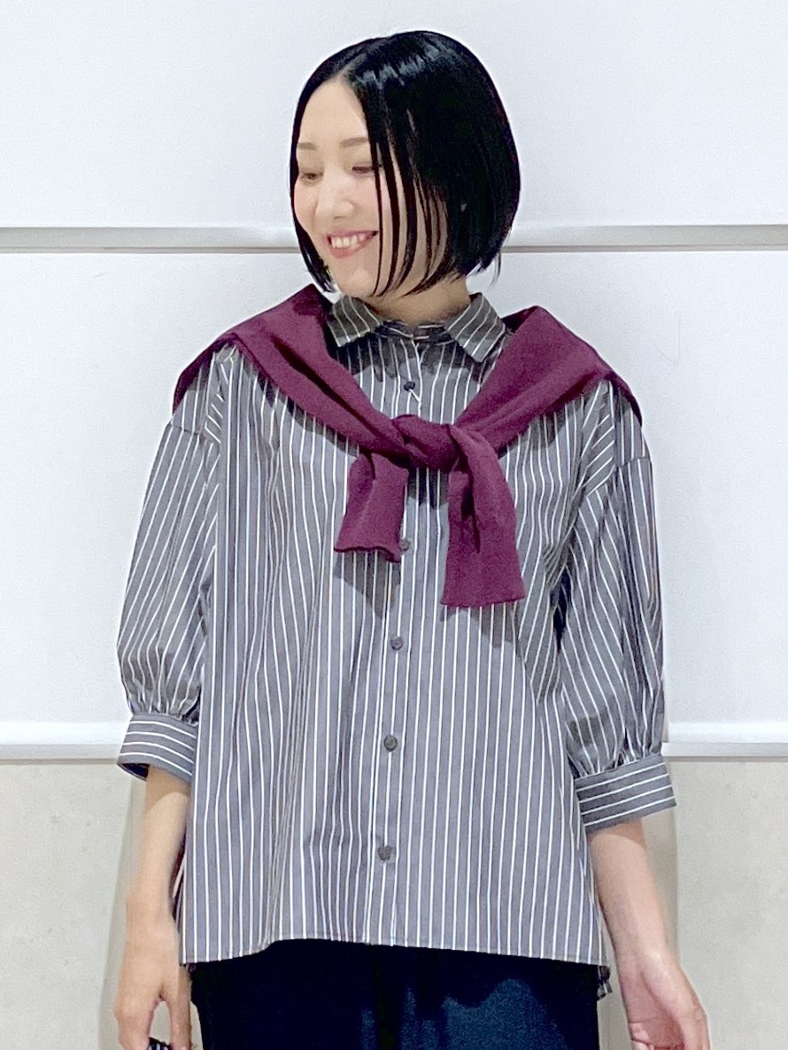 eriko さんの「Dessin｜【秋羽織り/洗濯機OK】ギャザースリーブストライプシャツ6分袖」を使ったコーディネート