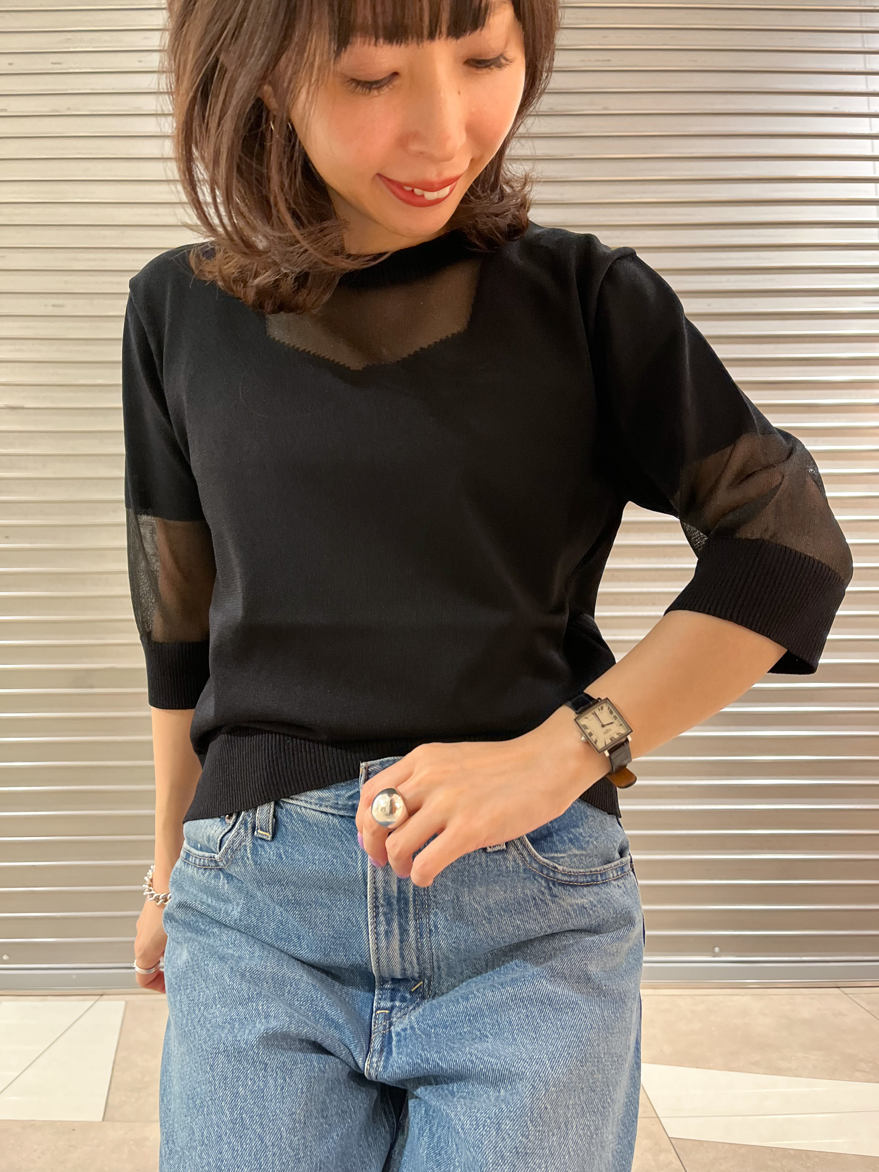 じゅんさんの「DRESSTERIOR｜【日本製/シアー素材】ウォッシャブルニット ハーフスリーブプルオーバー」を使ったコーディネート