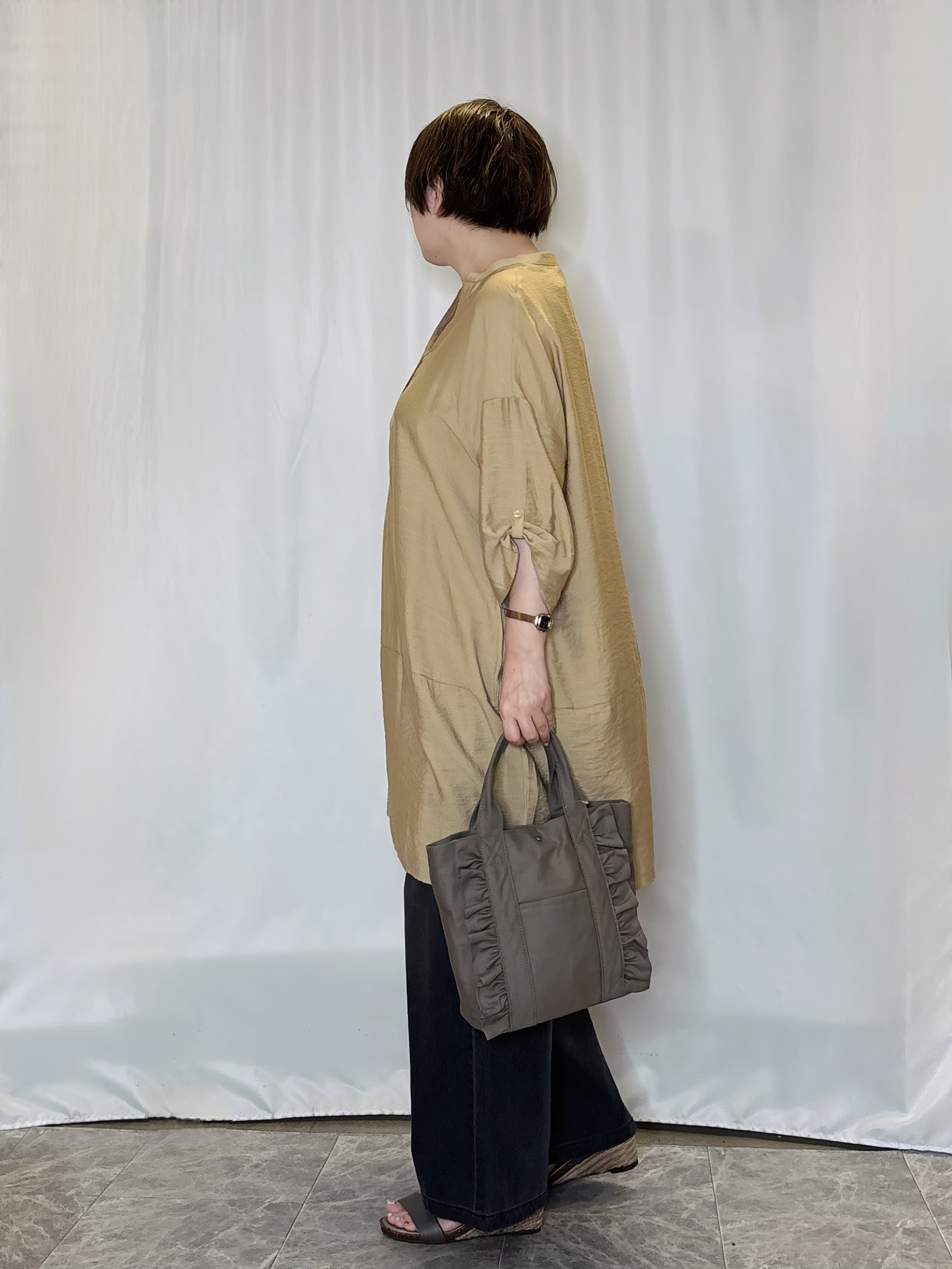 たみさんの「SHOO･LA･RUE｜【S-LL/洗濯後しわになりにくい】ゆるっと体型カバー 7分袖コクーンチュニック」を使ったコーディネート