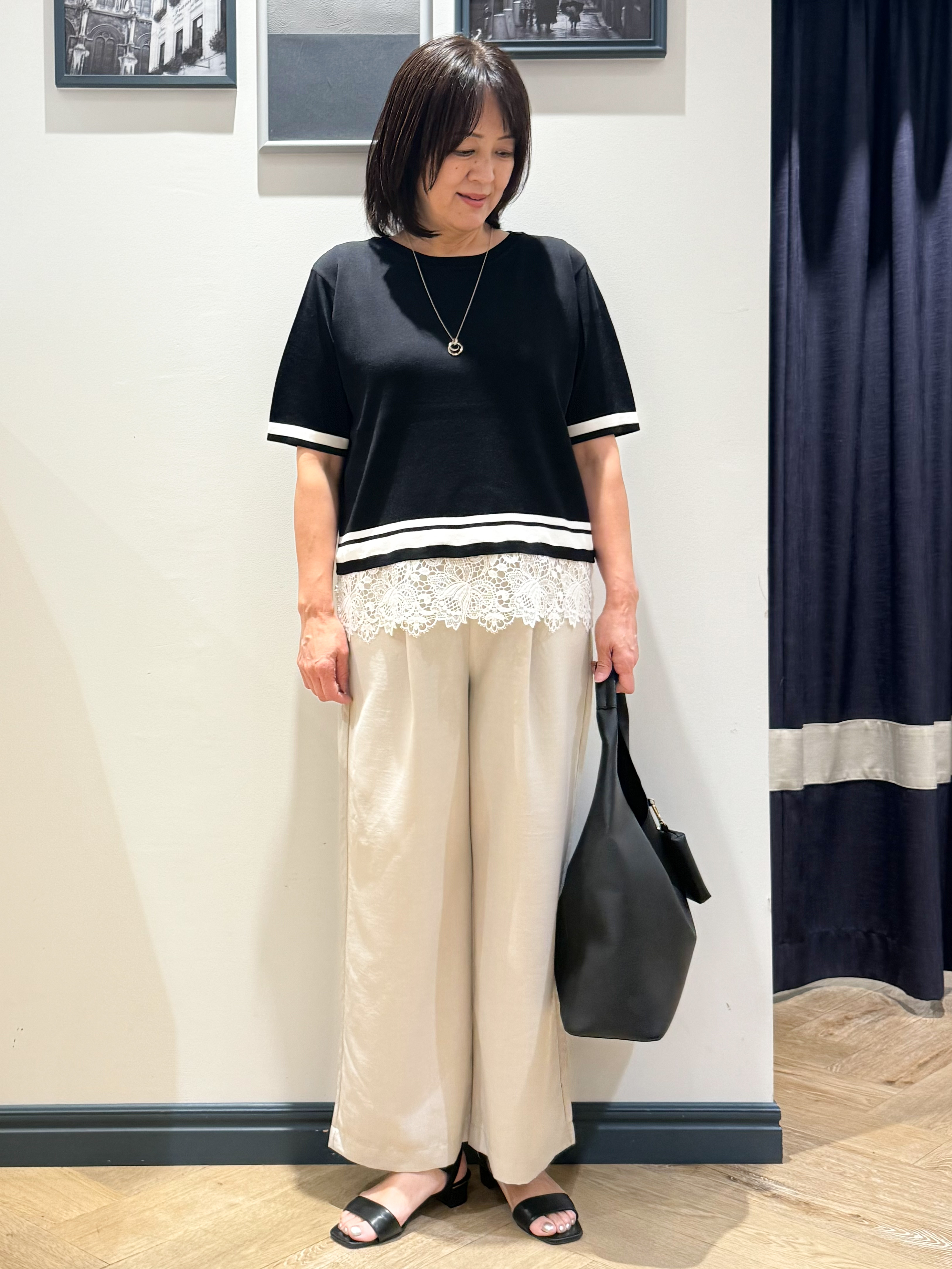 Lilyさんの「grove｜【シリーズ累計36万枚／UVカット・洗濯機OK】やわらかドライタッチレースドッキングニット」を使ったコーディネート