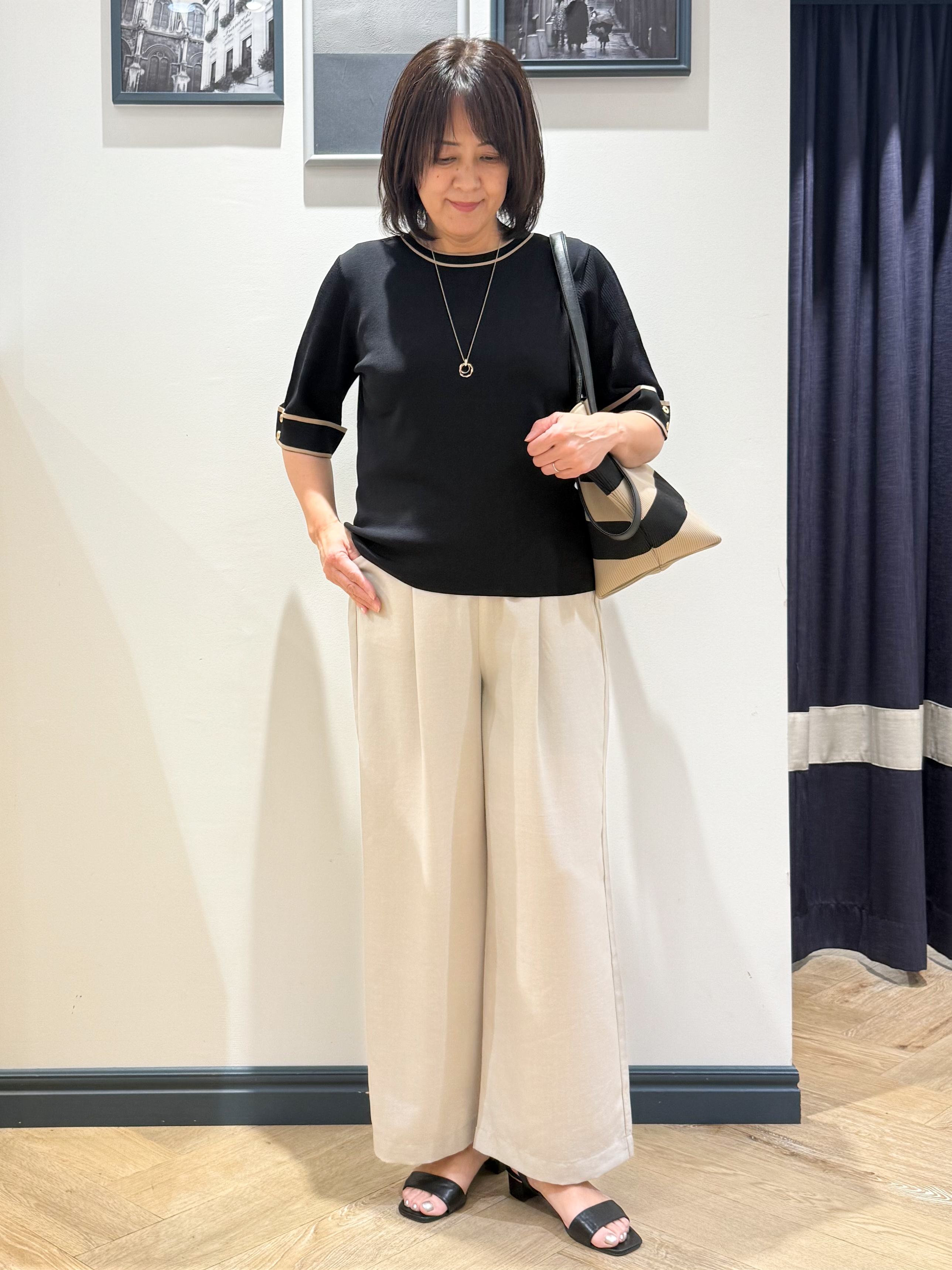 Lilyさんの「grove｜新色追加！【シリーズ累計36万枚/名品ニット】やわらかドライタッチ 袖メッシュ編みニット」を使ったコーディネート