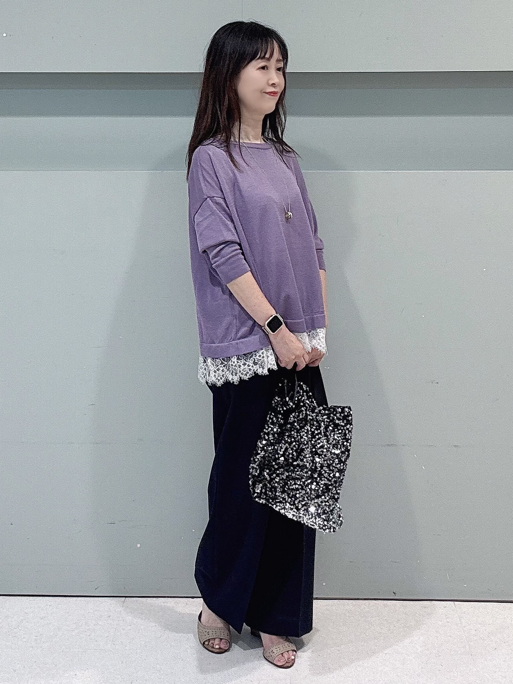 makiさんの「UNTITLED｜【一枚で着映え】レースドッキングニットプルオーバー」を使ったコーディネート