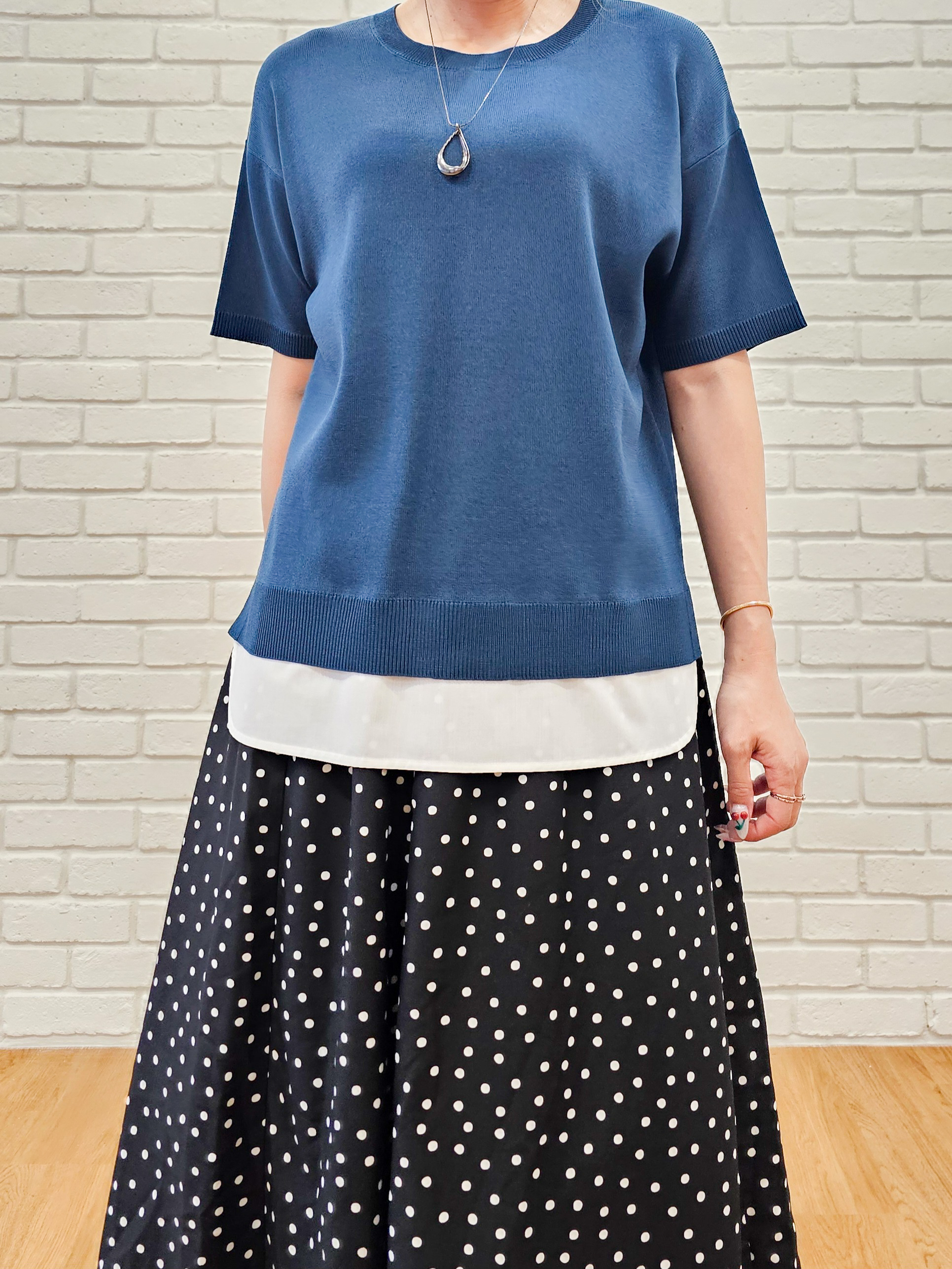 ゆゆさんの「SHOO･LA･RUE｜【UV/洗濯機可/S-LL】毛玉になりにくい シャツレイヤード風でこなれ見え 半袖ニット」を使ったコーディネート