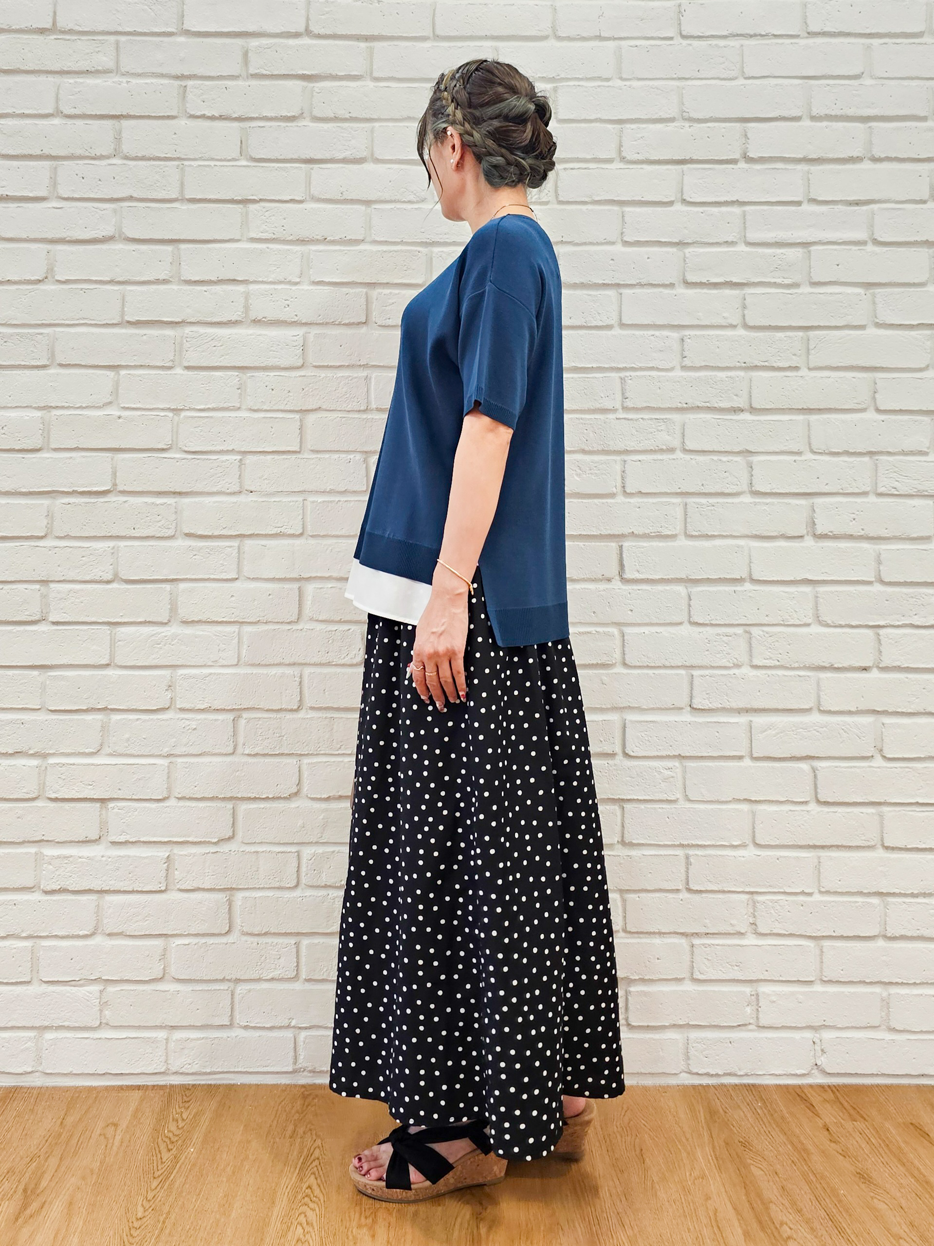 ゆゆさんの「SHOO･LA･RUE｜【UV/洗濯機可/S-LL】毛玉になりにくい シャツレイヤード風でこなれ見え 半袖ニット」を使ったコーディネート