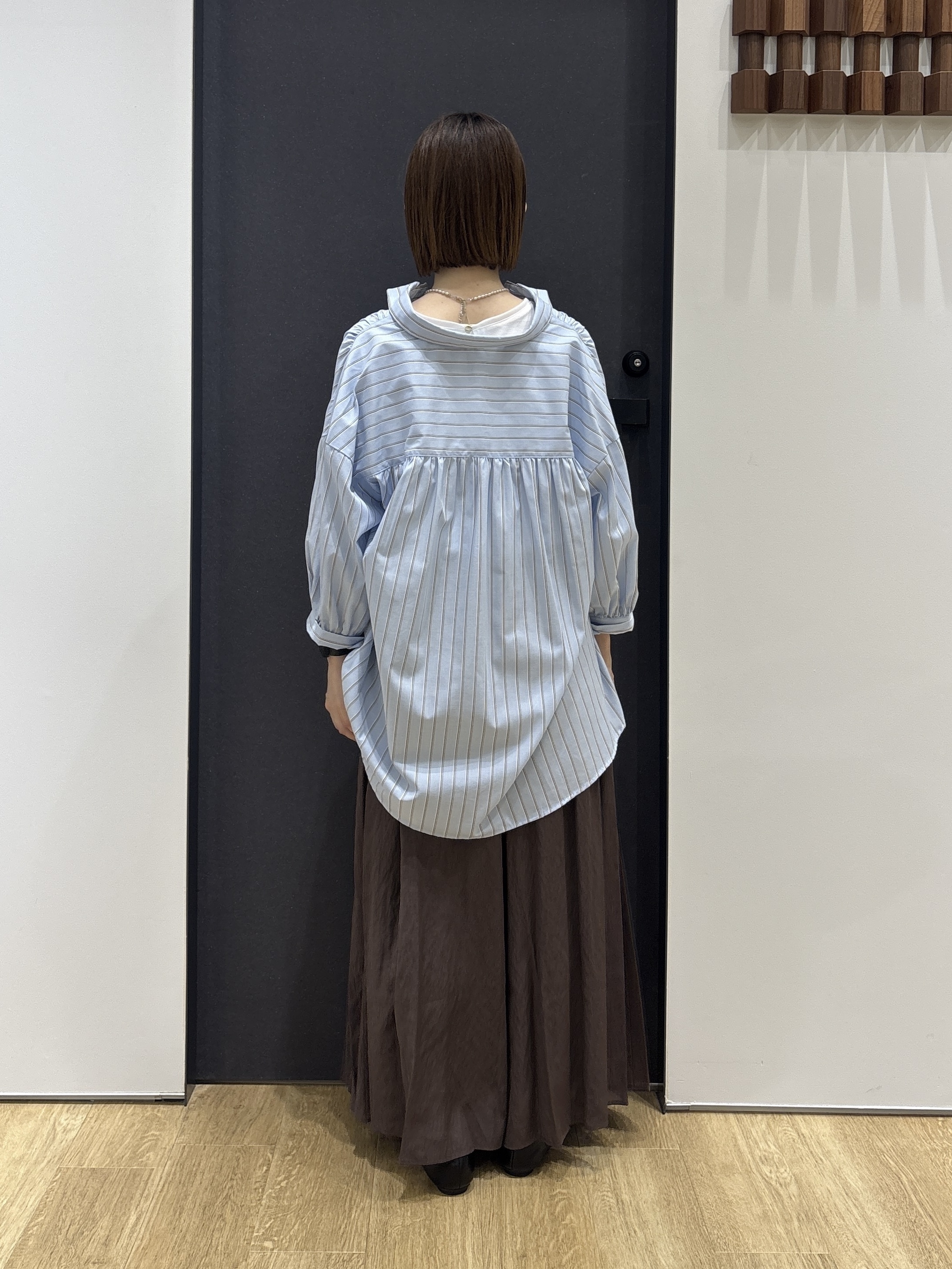 risaさんの「Dessin｜【秋羽織り/洗濯機OK】ギャザースリーブストライプシャツ6分袖」を使ったコーディネート