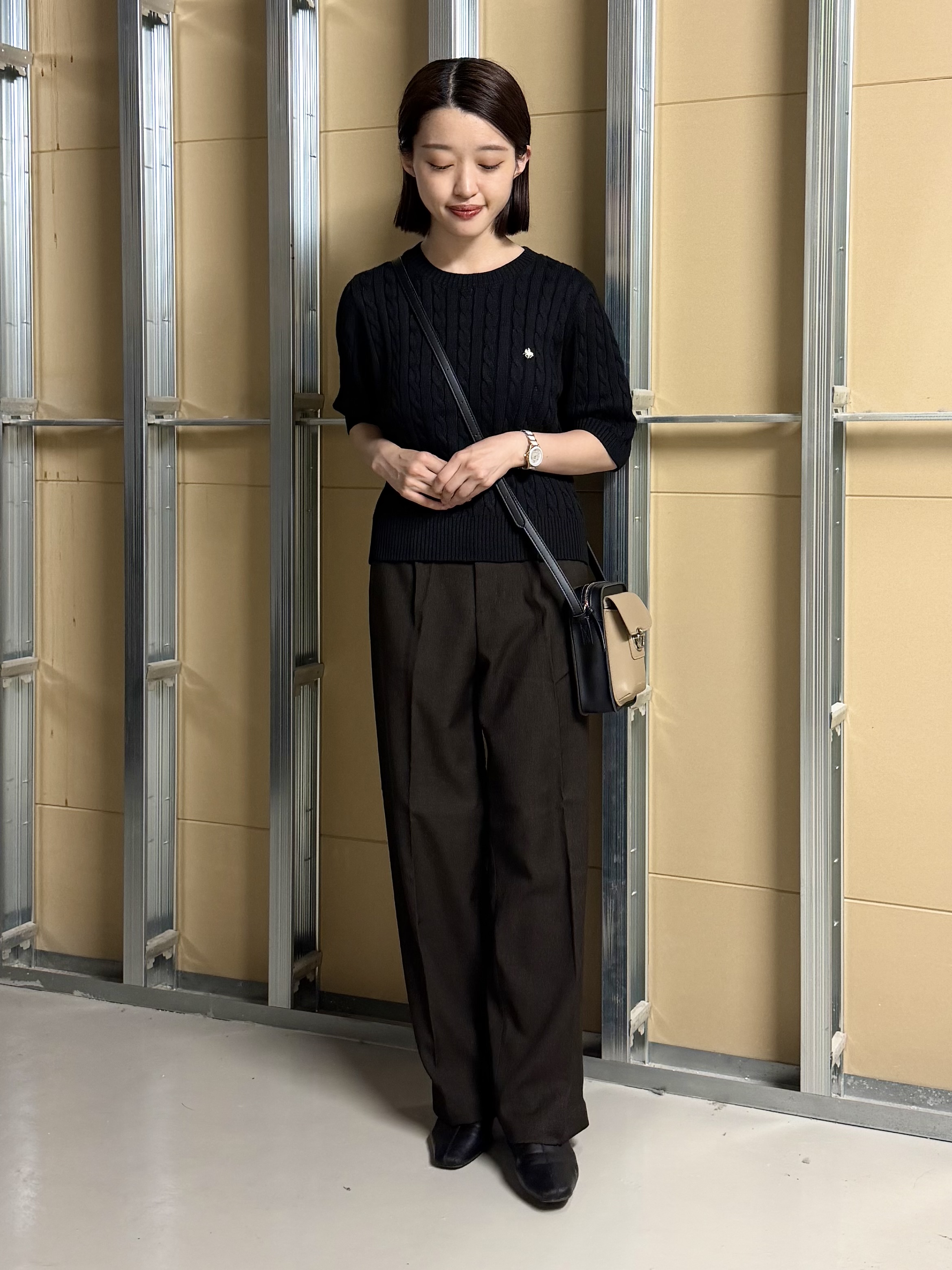 sahoさんの「THE SHOP TK｜POLO BCS/ケーブル5分袖ニット」を使ったコーディネート