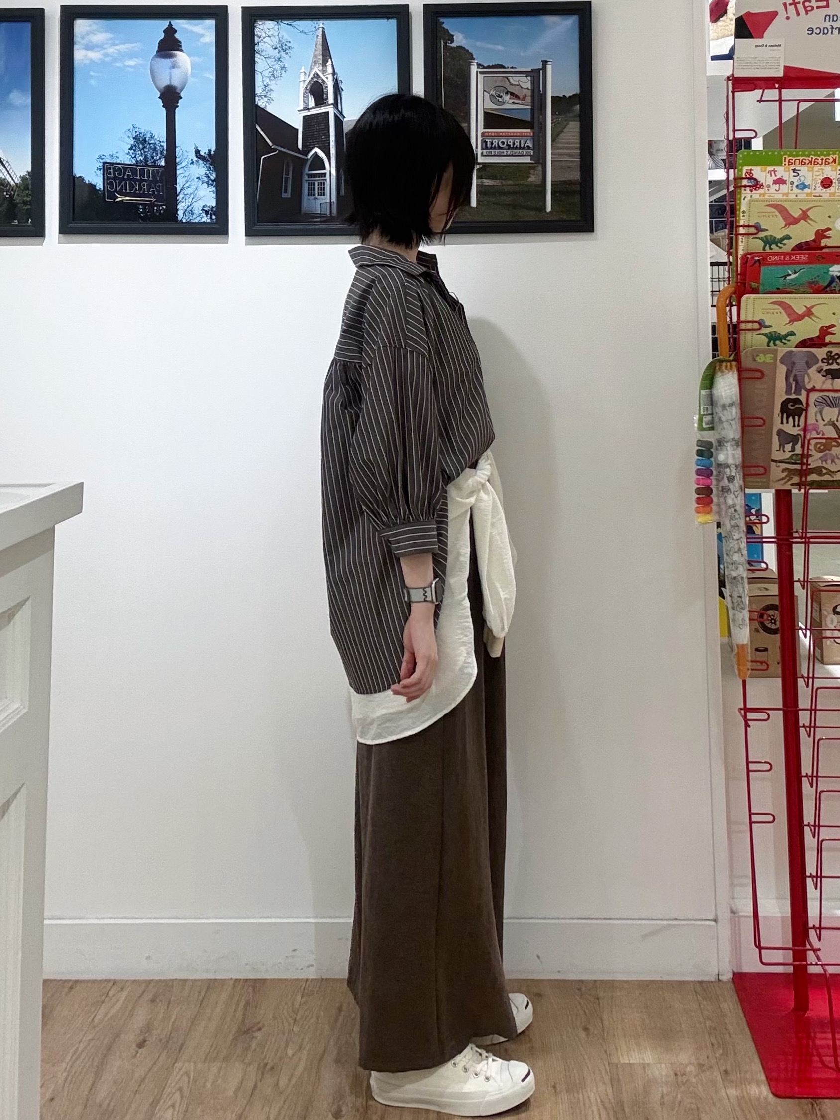 三浦りおんさんの「Dessin｜【秋羽織り/洗濯機OK】ギャザースリーブストライプシャツ6分袖」を使ったコーディネート