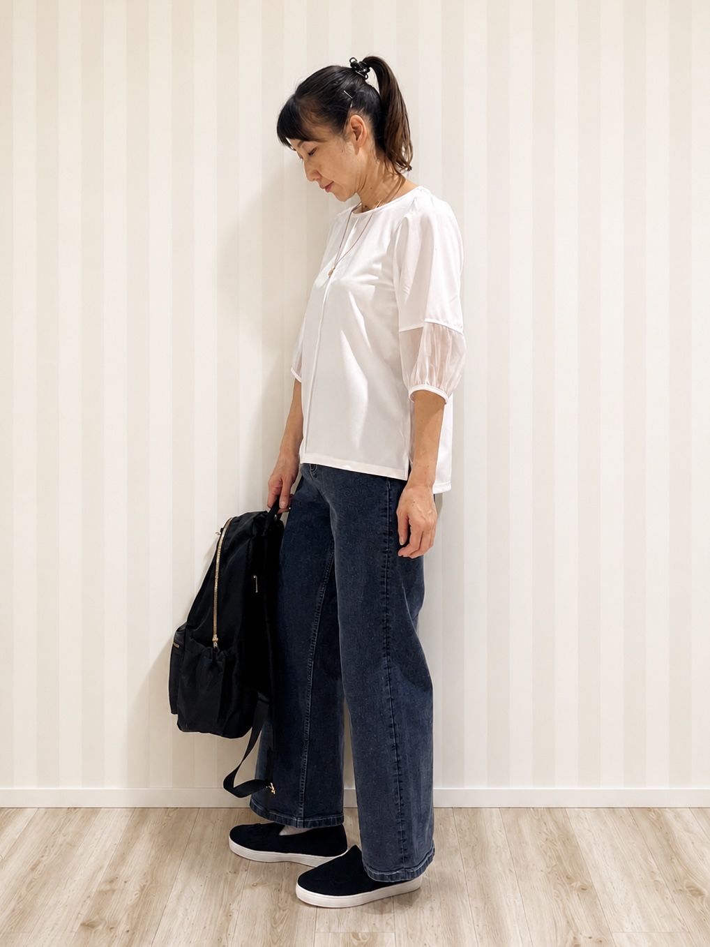 まつみさんの「SHOO･LA･RUE｜【洗濯機可/S-LL】 大人のシアー感 お袖切り替えラウンドネックトップス」を使ったコーディネート